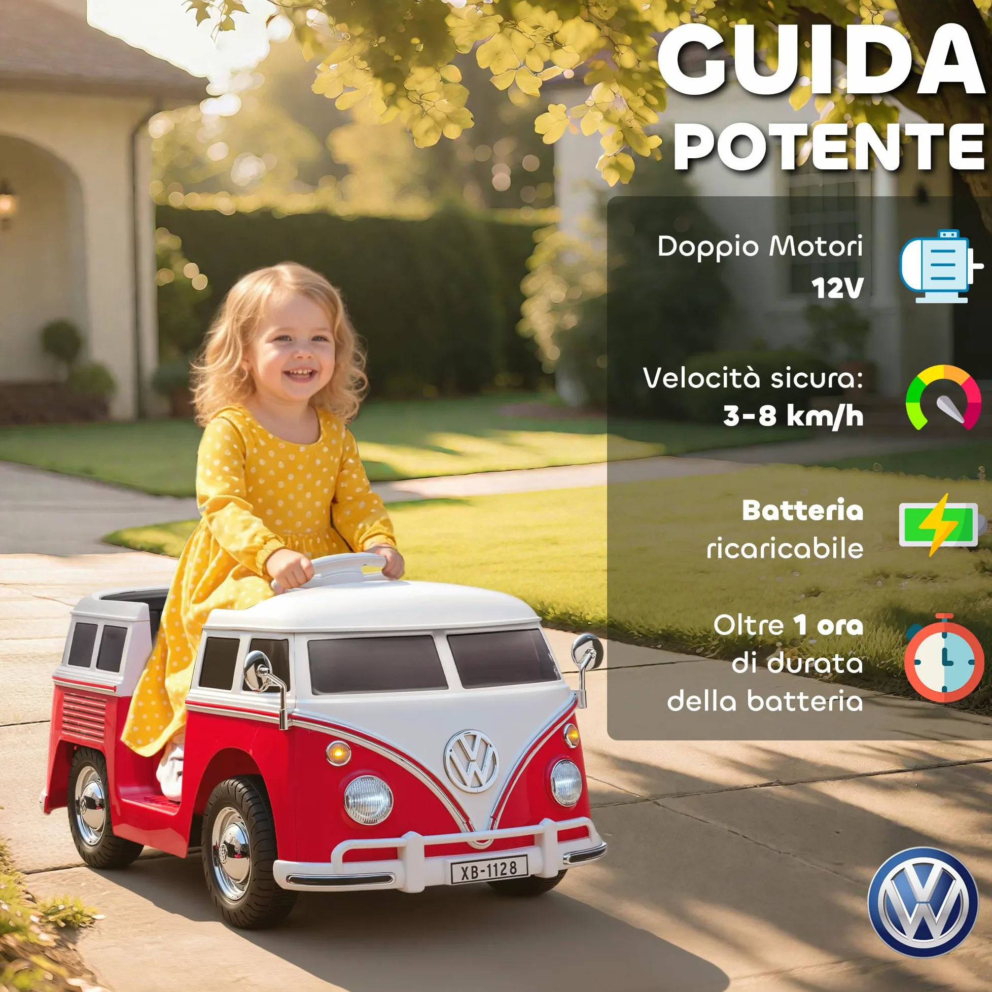 AIYAPLAY Macchina Elettrica per Bambini 3-7 Anni Volkswagen T1, 12V, Rosso | 3-8km/h, Auto Elettrica per Bambini con 2 Motori, Sospensioni, Partenza Lento, Musica, Fari e Clacson