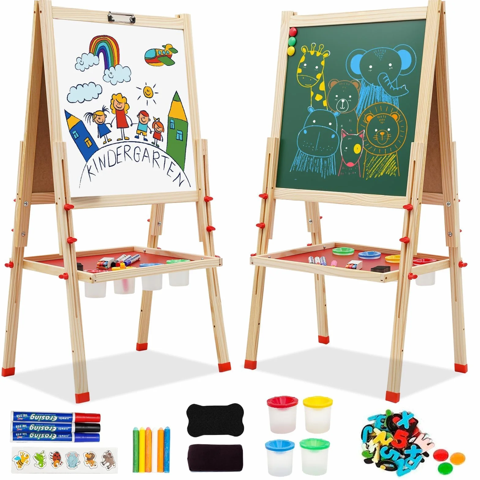 Cavalletto per Bambini a Doppia Faccia in Legno Lavagna Bianca in Legno Cavalletto in Altezza Regolabile con Carta Adesivi Accessori Vassoio di Stoccaggio per Bambini 3+ Anni