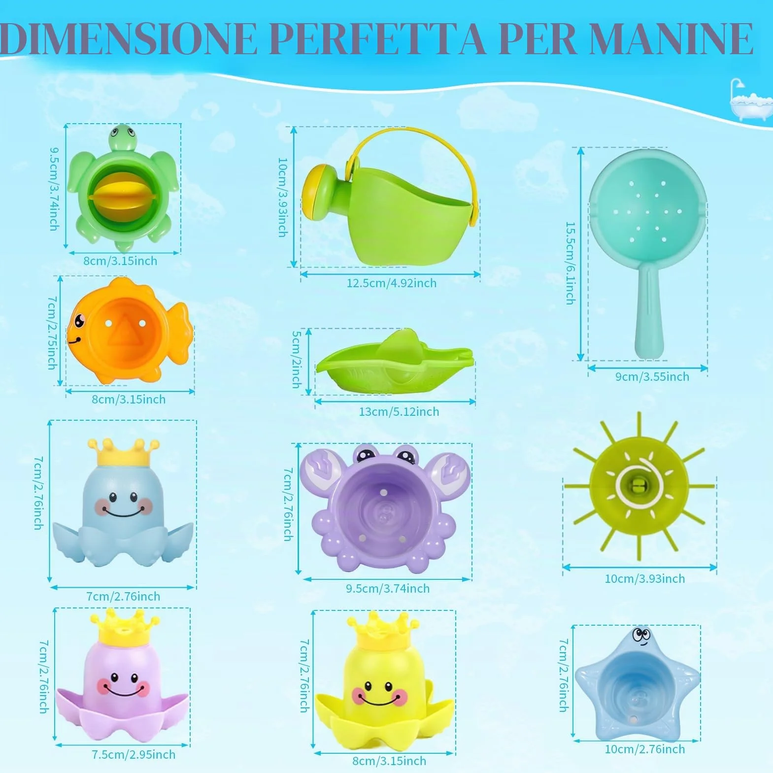 Giochi Bagnetto Neonato 14 Pezzi, Set Giochi Vasca da Bagno Bambini con Annaffiatoio, Ruota d’Acqua, Bicchieri Impilabili e Barchette, Giochi Bagnetto Neonato Atimuffa per Bagno e Piscina
