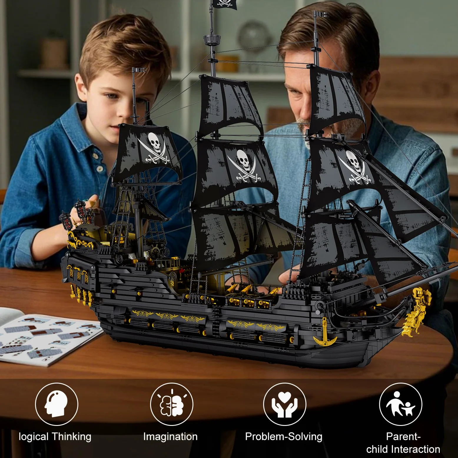 Reobrix Perla Nera Nave Pirata 66036, Grande Veliero Galeone in Mattoncini con Luci LED, Nave Fantasma Avventura, Modello Set da Collezione per Adulti 14+, Idea Regalo