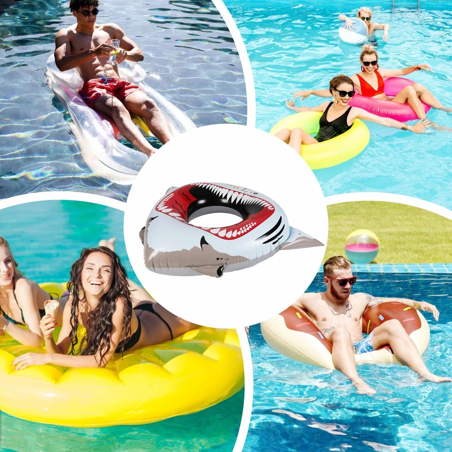 Galleggiante gonfiabile per piscina, in PVC, per adulti, per spiaggia, lago | Salvagente gonfiabile a forma di squalo, in PVC, 177 x 127 cm, lettino ad acqua resistente, divertimento galleggiante per