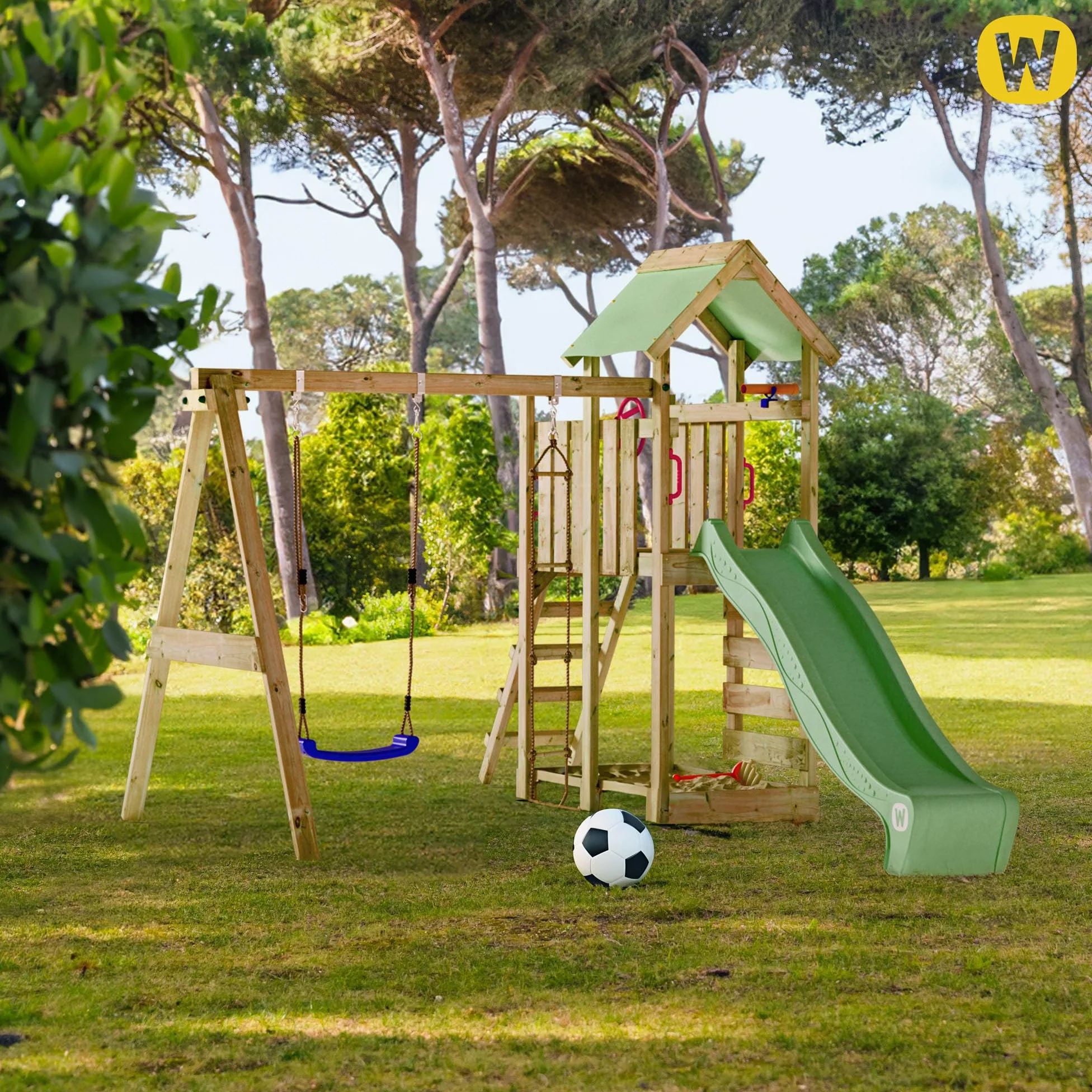 Gioco da giardino WICKEY MultiFlyer con altalena e scivolo verde, struttura da esterno per bambini con sabbiera, scaletta e accessori da gioco