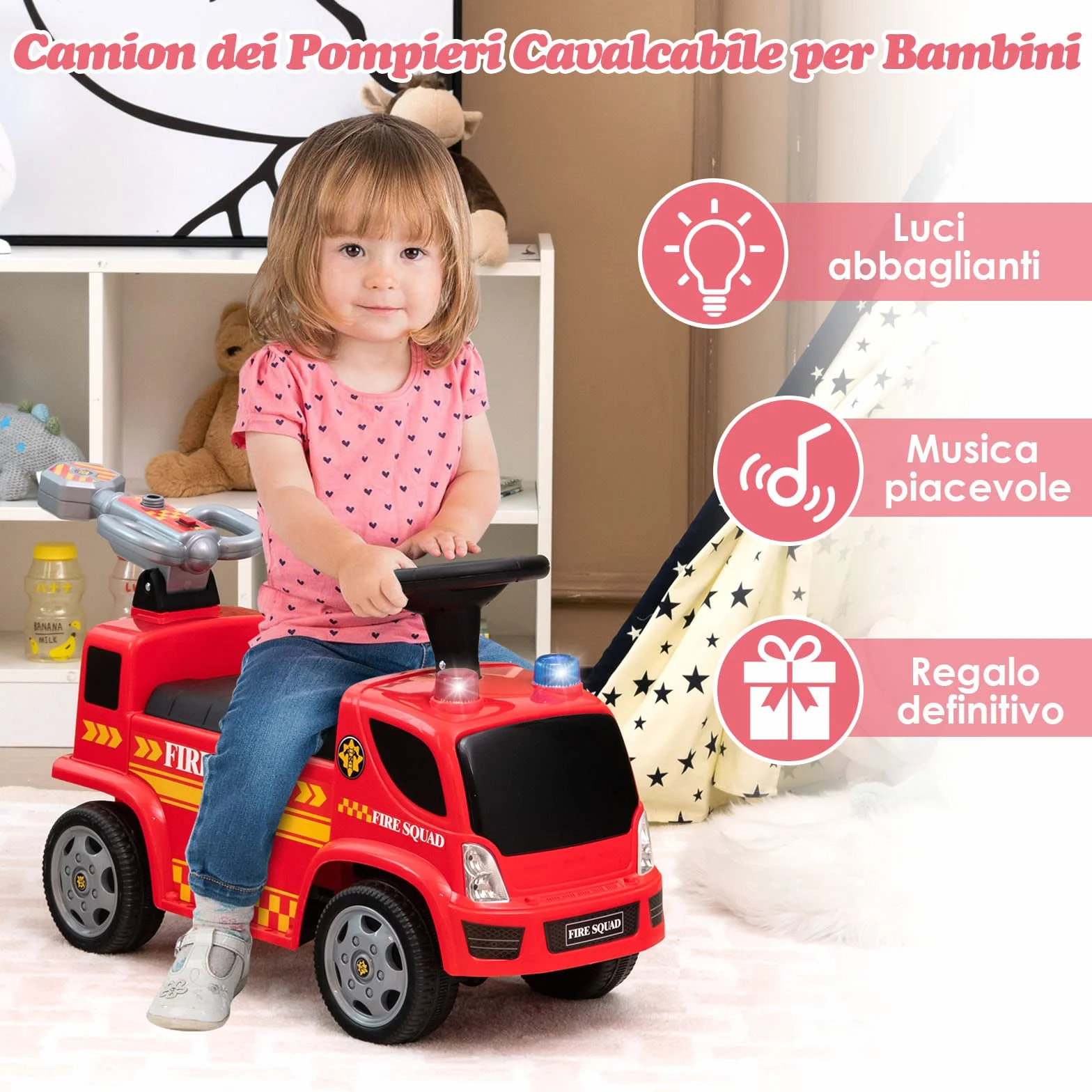 COSTWAY Camion dei Pompieri Giocattolo Cavalcabile a Spinta per Bambini con Bolla Musica Luci Allarme Rosso 18-36 Mesi