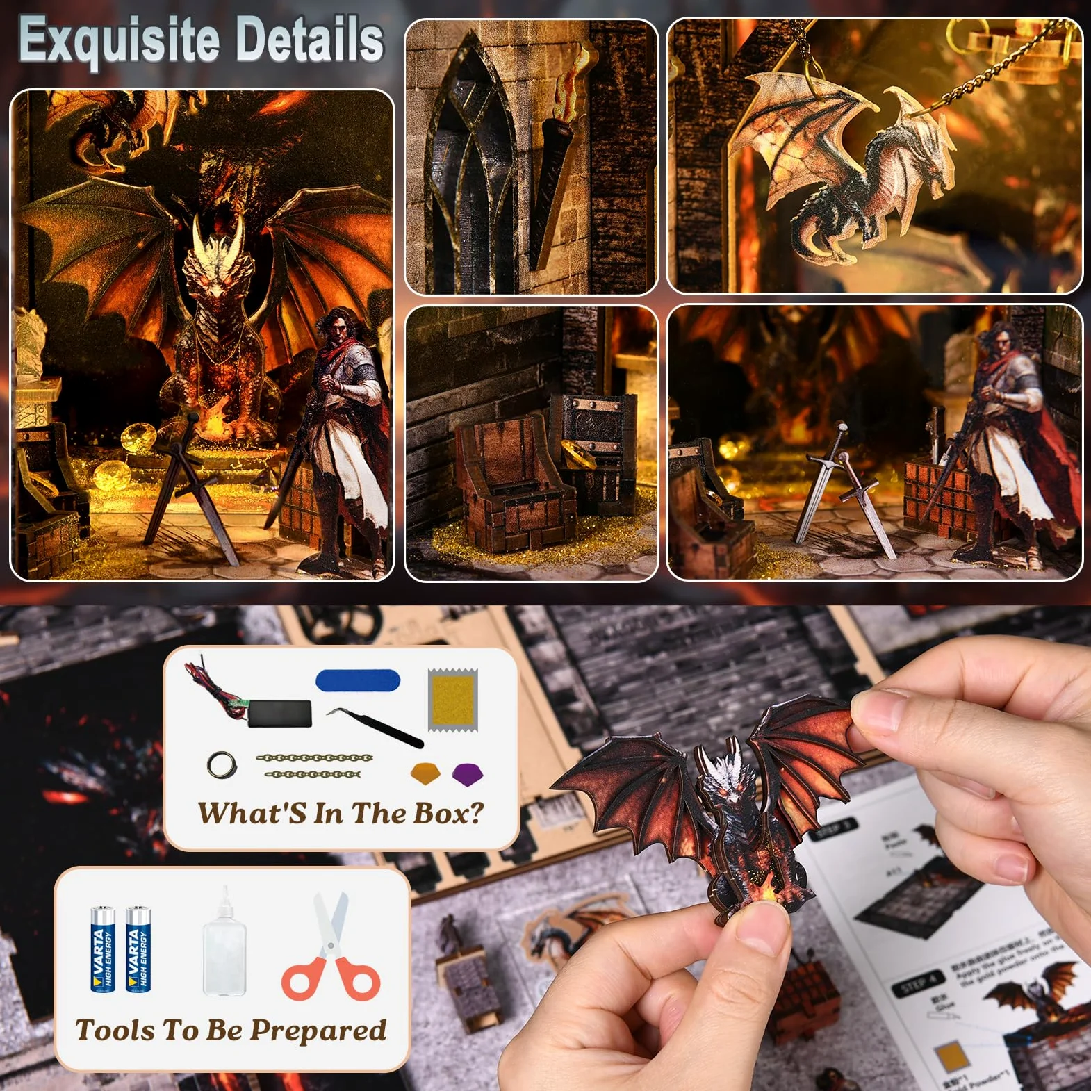 Book Nook Kit per adulti-Labirinto del Tesoro dei Draghi,Puzzle in miniatura 3D fai da te in legno con luci LED,fermalibri in miniatura, decorazione per libreria,Idea Regalo Creativa