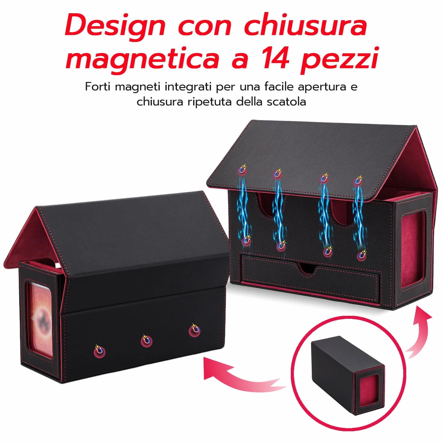 Tolesum Doppio Deck Box Porta Mazzo per MTG, Capacità di 300+ New Carte Senza Maniche con 1 Dice Tray,Magnetic Flip Deck Box per Scatola di Carte di Collezione Magic Commander TCG -Nero e Rosso