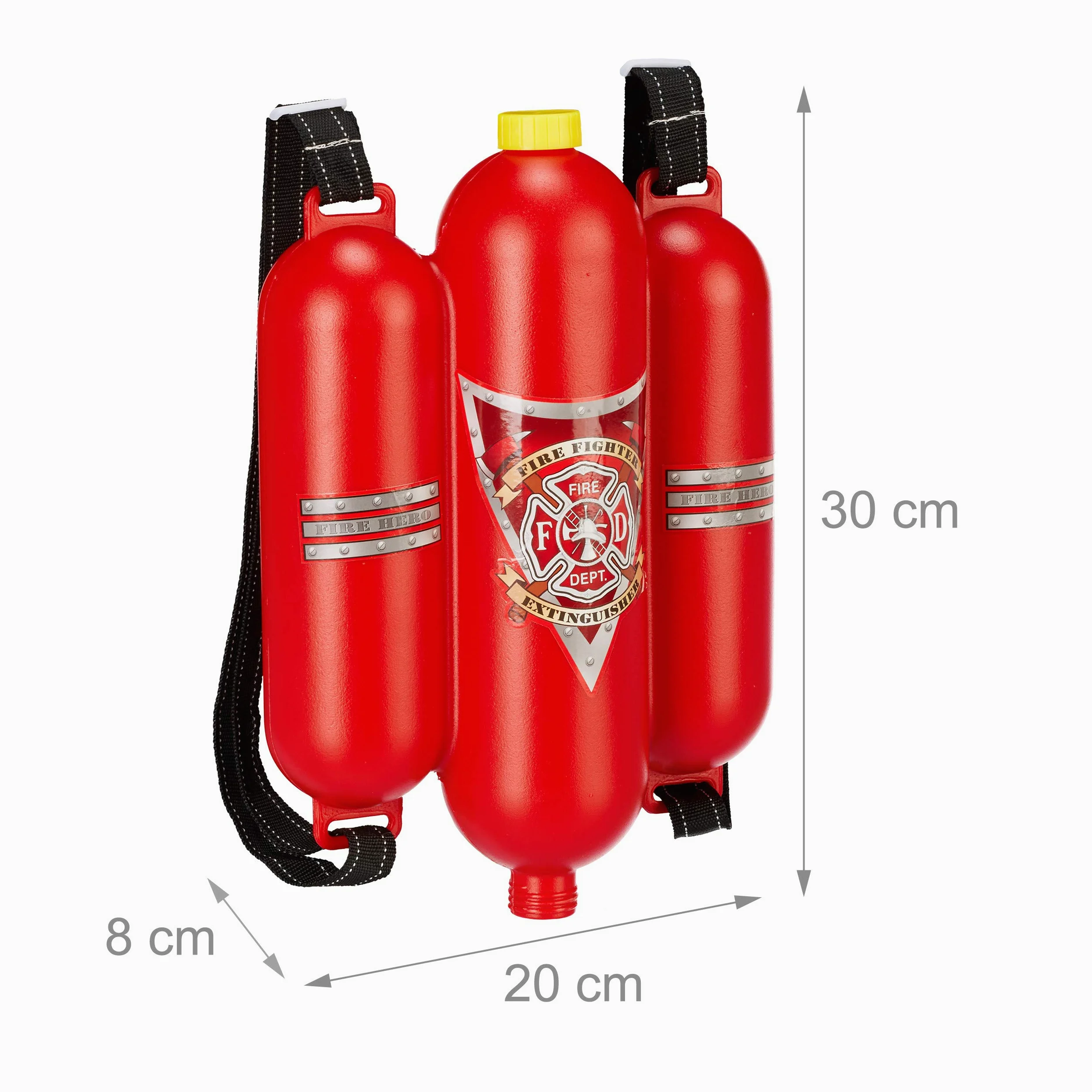 Relaxdays 10x Fucile ad Acqua da Pompieri, Serbatoio da 2,5 L, Gittata di 5 m, Zaino Antincendio per Bambini, Rosso-Giallo