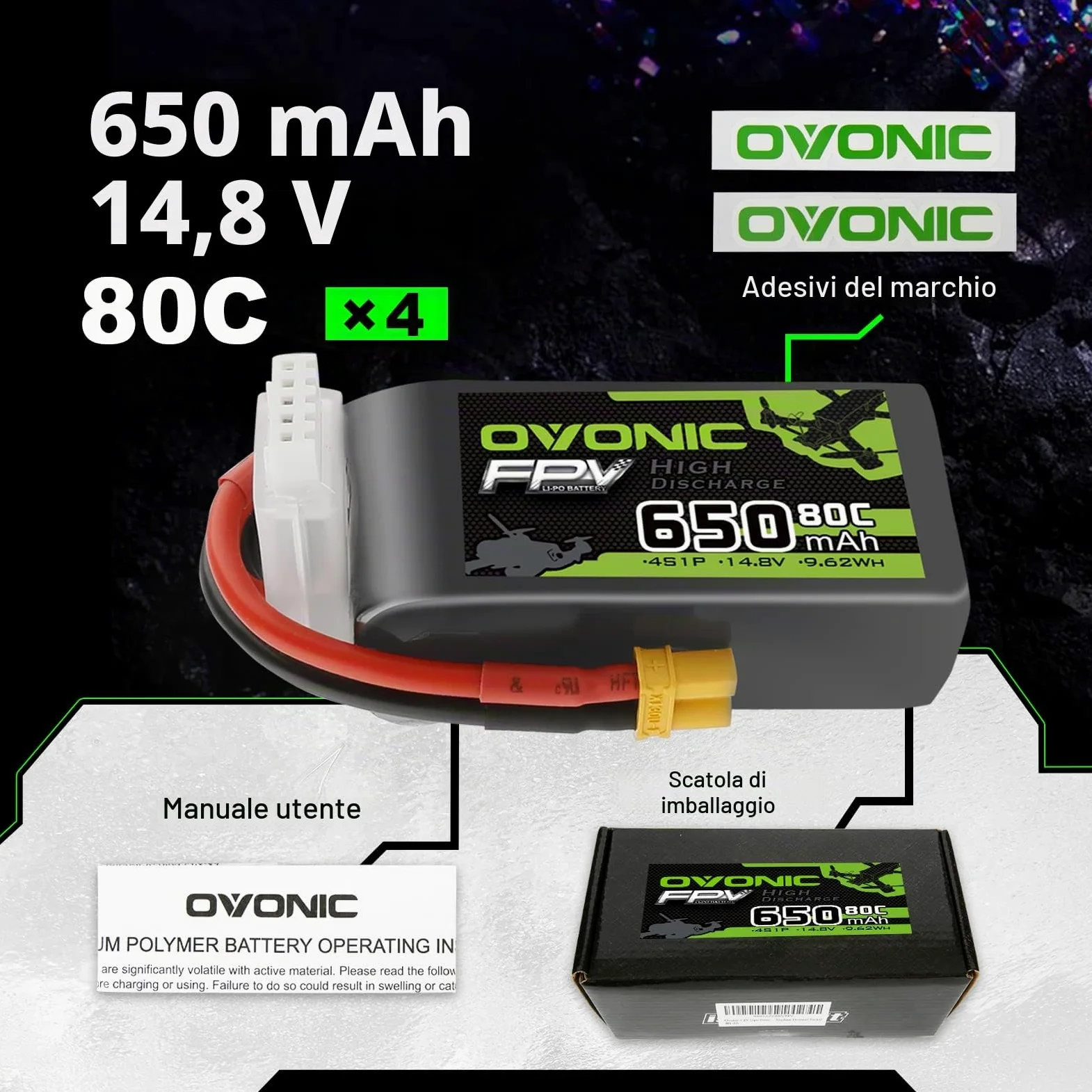 OVONIC Batteria Lipo 4s 80C 650mAh 14.8V con XT30 per RC Aereo Quadcopter Elicottero FPV Racing Drone (4 pezzi)