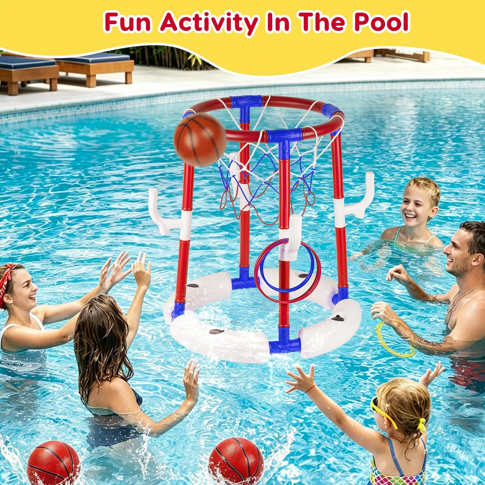 Giocattoli da basket per piscina, cestino da basket galleggiante per piscina con 4 palline, 6 anelli e pompa, ideale per bambini e adulti per divertirsi in acqua