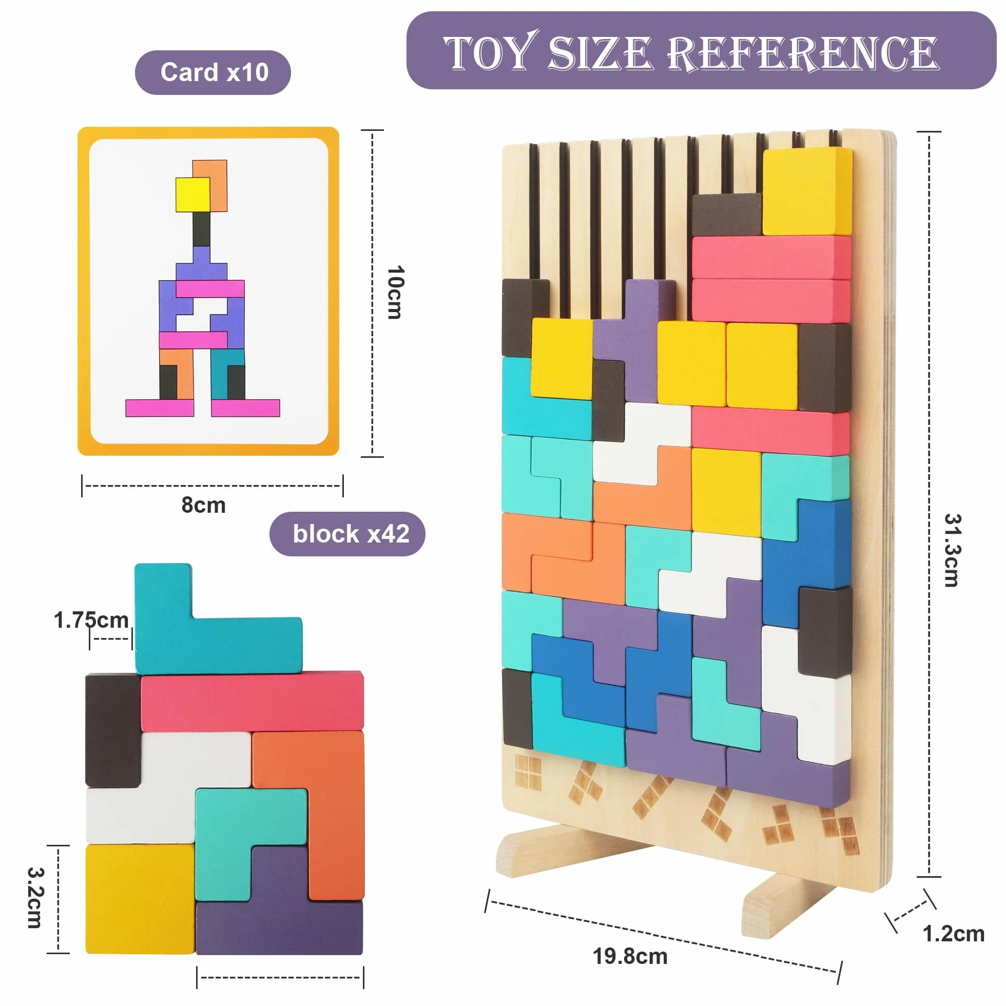 Gioco Impilabile in Legno Tetris, Giocattoli Educativi, con 10 Carte, Intelligenza Jigsaw, Puzzle Bambini 3 4 5 6 Anni, Colorato Blocchi Geometrici Tetris, Regalo Educativi