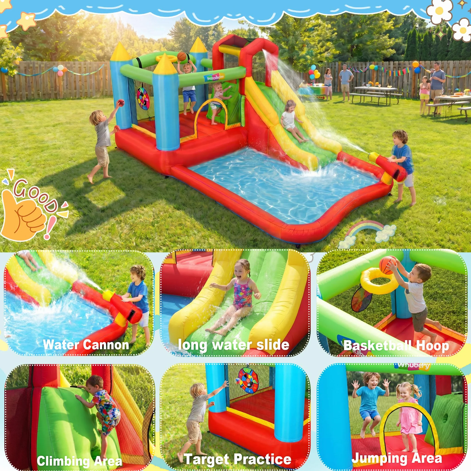 Castello gonfiabile per bambini,Con Scivolo,Castello d’Acqua Set, Trampolino, Piscina e Canestro da Basket, ottimo regalo per la festa in giardino nel parco acquatico, con ventilatore