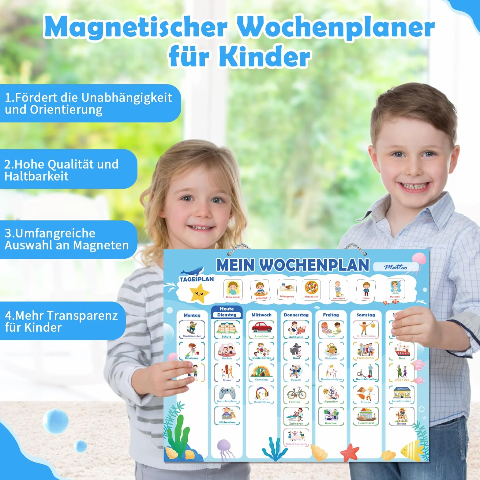 FORMIZON Montessori, agenda settimanale per bambini, lavagna magnetica con 248 magneti, custodia e penna, calendario per bambini, programma giornaliero e programma settimanale, gioco educativo