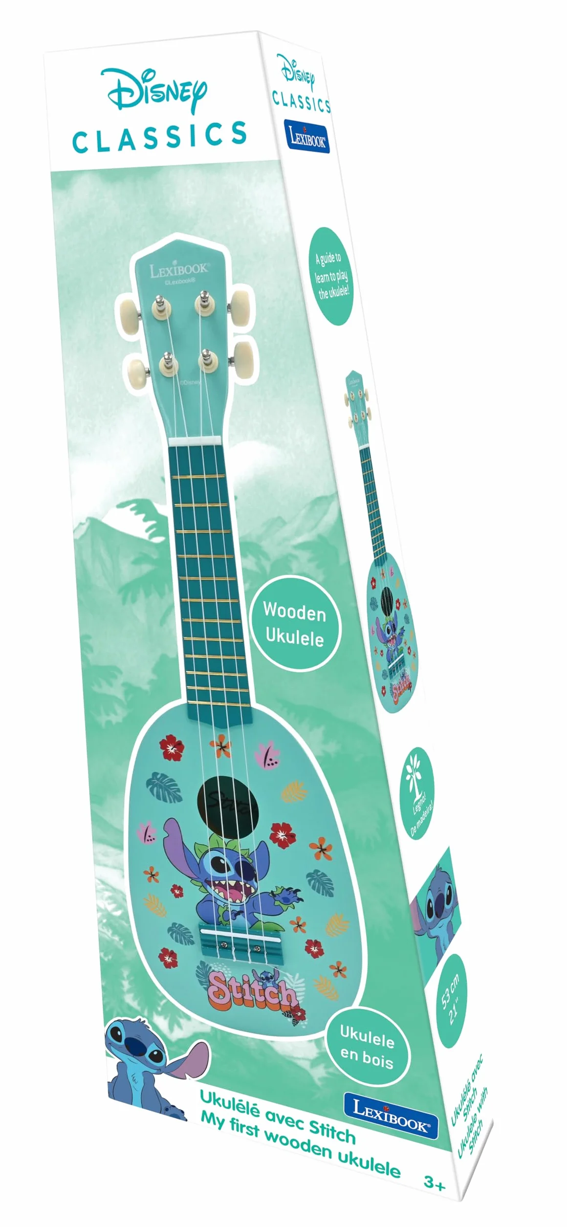 Lexibook Disney Stitch Il mio primo ukulele di legno 53 cm 4 corde di nylon Blu K230D