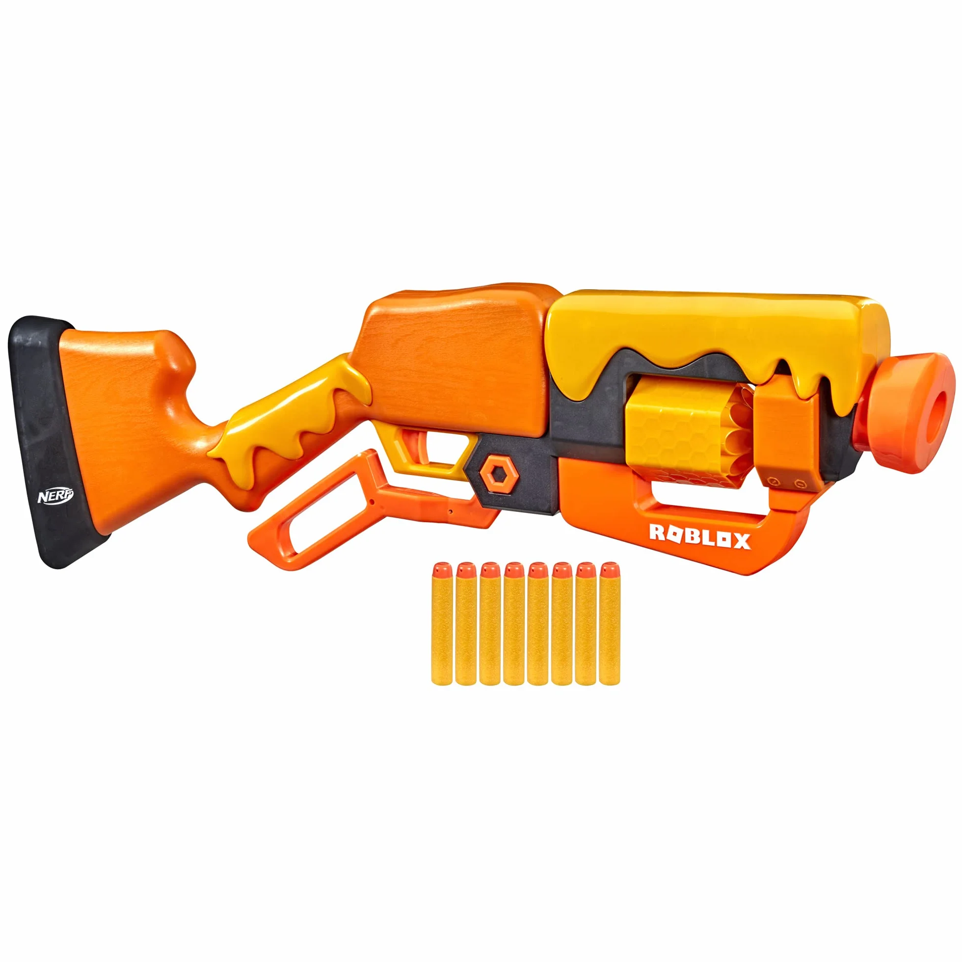 Hasbro Nerf Roblox - Adopt Me!: BEES!, blaster lancia-dardi con azione a leva, tamburo rotante con 8 dardi, 8 dardi Nerf Elite, contiene codice per sbloccare un articolo virtuale in-game