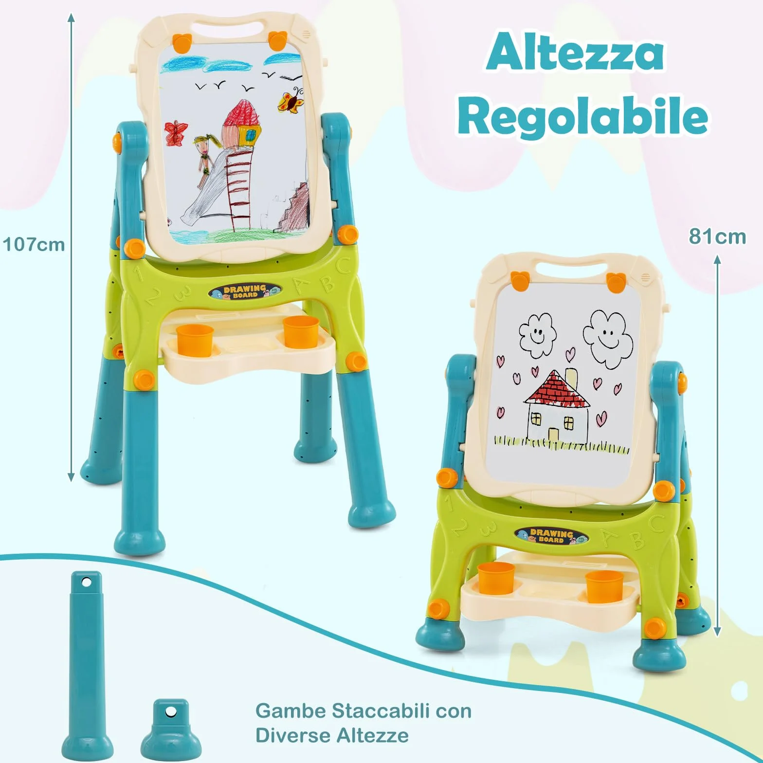 COSTWAY Cavalletto per Bambini Lavagna Magnetica a Doppia Faccia Regolabile in Altezza Tavolo da Disegno Staccabile con Manico Portatile 2 Tazze 3 Anni+