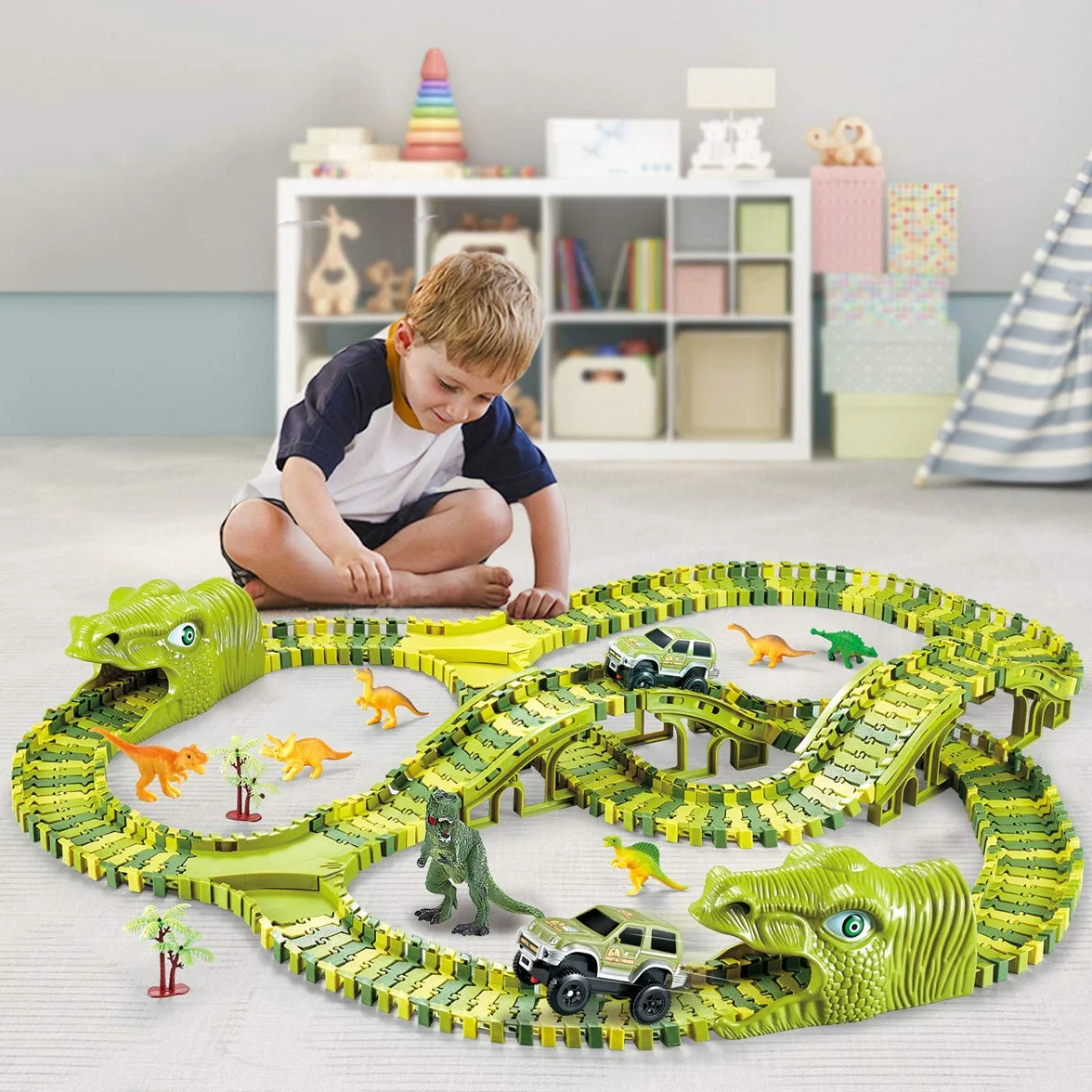 burgkidz Giochi di Dinosauri Pista da Corsa, 260 Pezzi Tracce Playset con 3 Auto e 7 Giocattoli, Regalo Educativo per Bambini