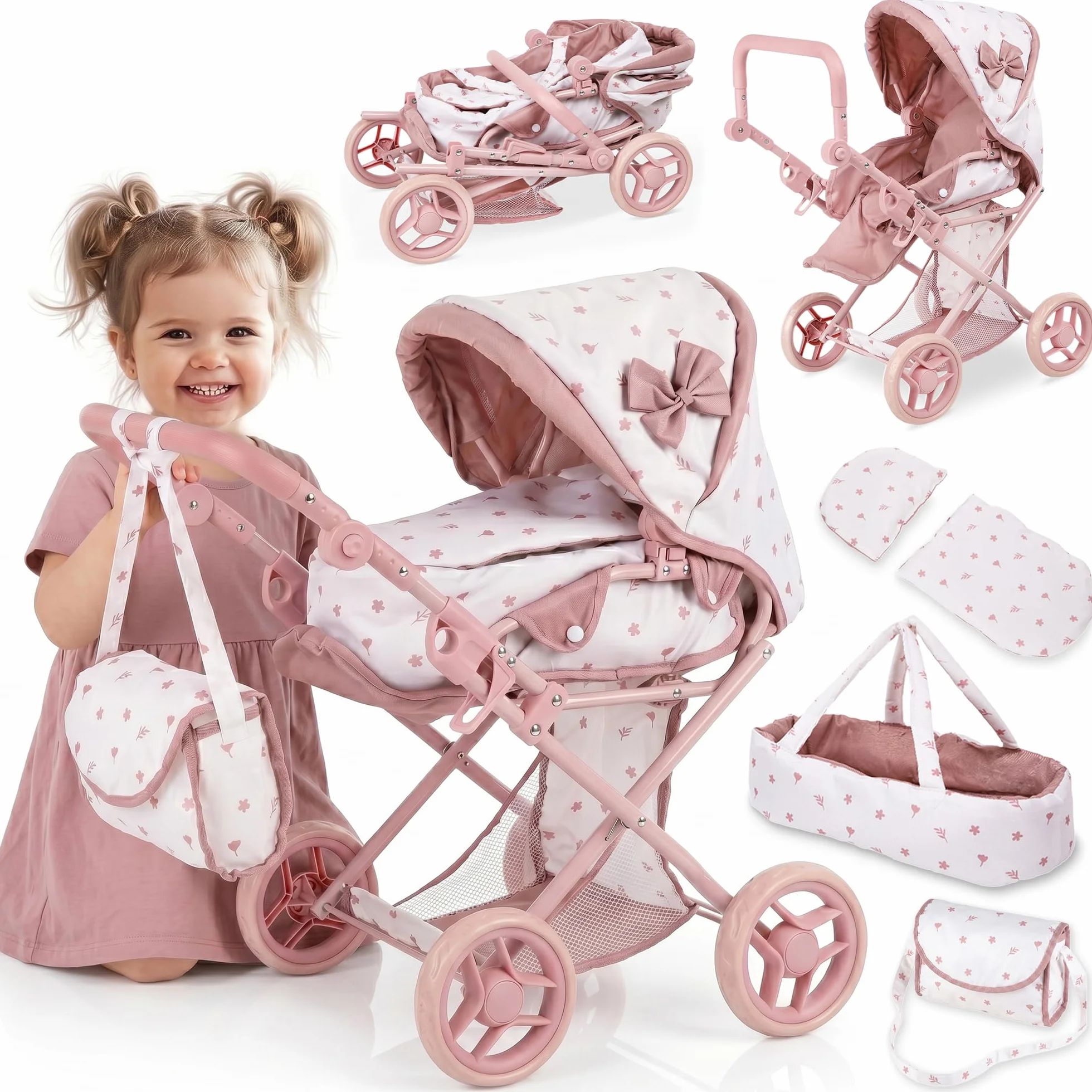 Kinderplay Passeggino per bambole 3 in 1 rosa con borsa per il trasporto – Passeggino regolabile in altezza 36,5 – 64 cm, pieghevole, ruote in schiuma silenziose, per bambole fino a 40 cm, dai 3 anni
