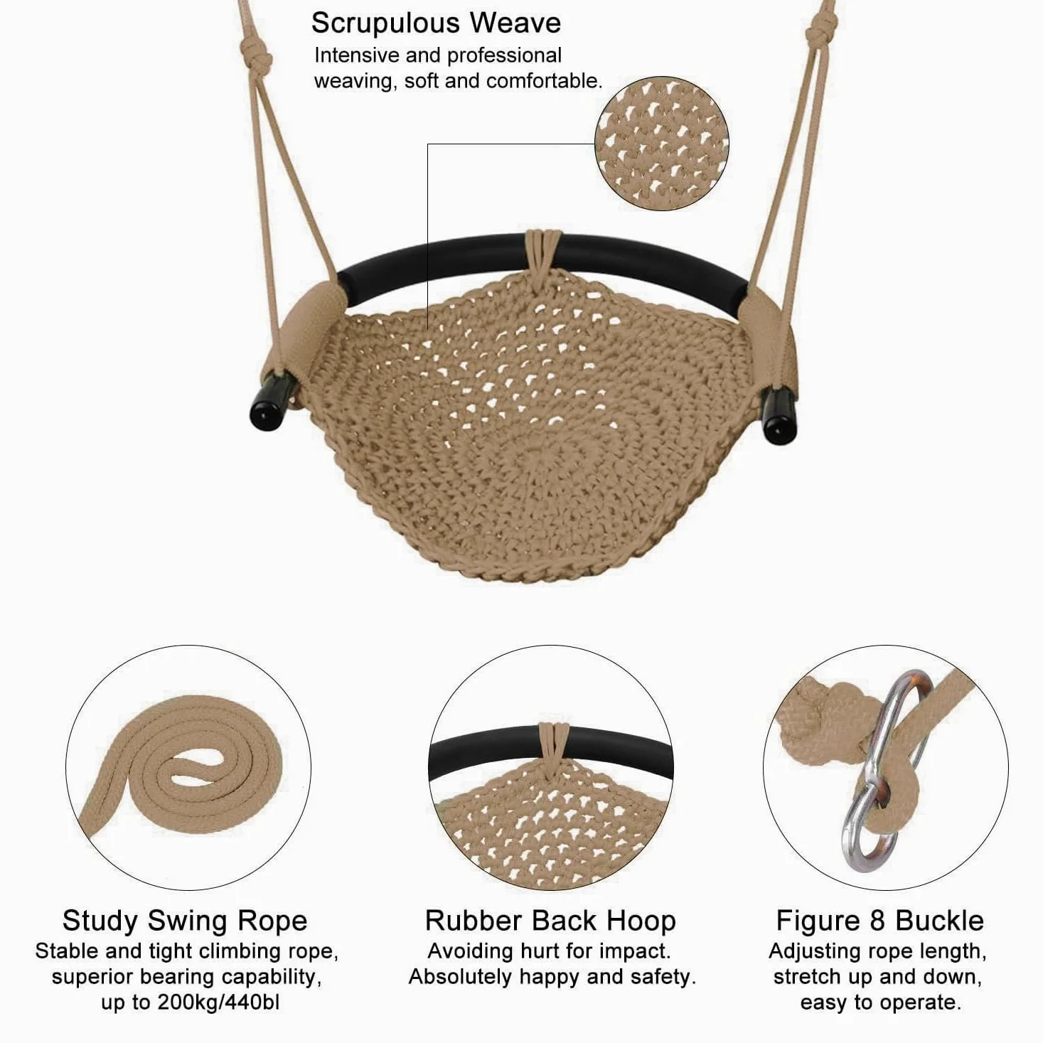 Altalena da Giardino per Bambini con Corde Regolabili, Altalena Per Bambini Lavorata A Mano, Ideale Per Alberi, Interni All'aperto, Parco Giochi, Cortile (KHAKI)