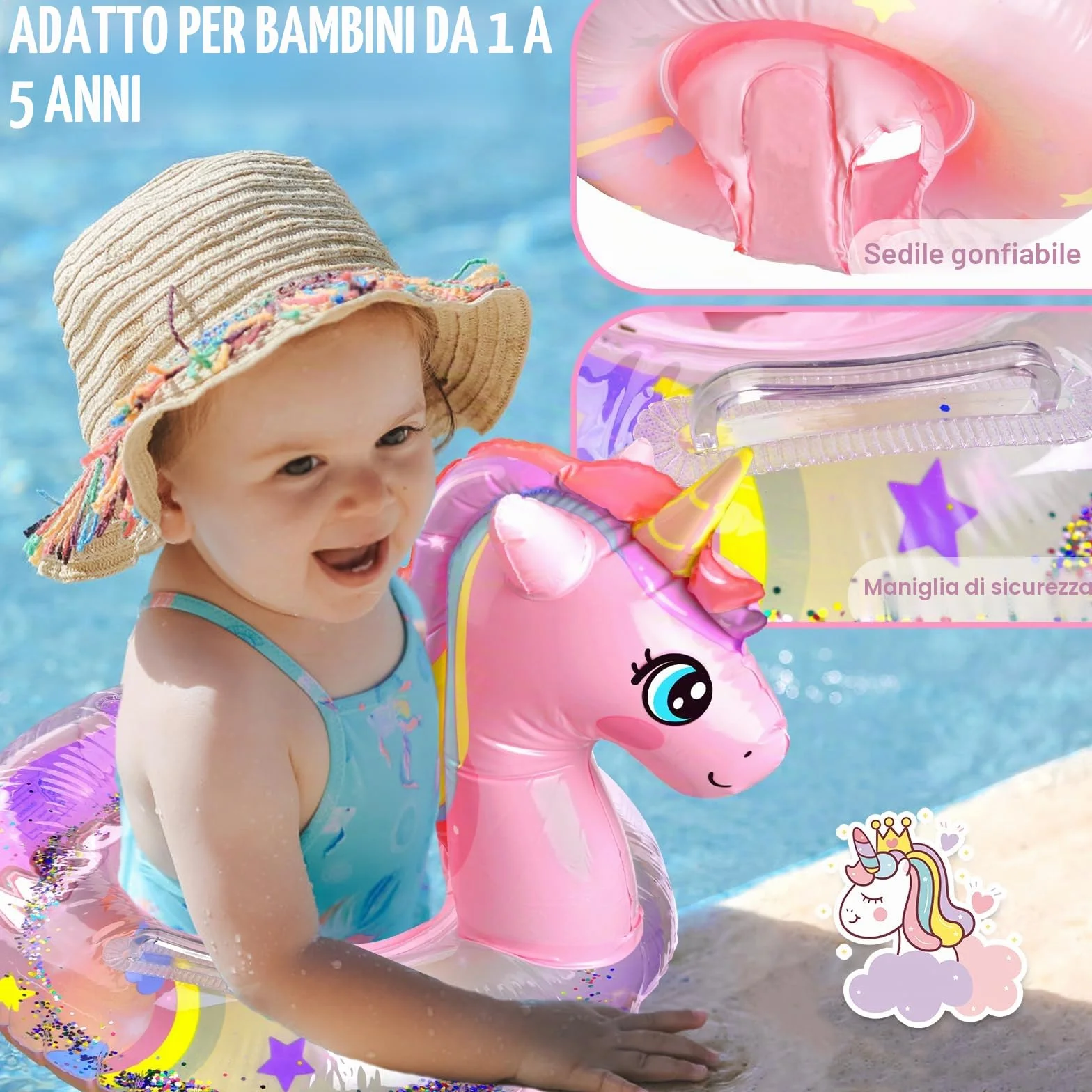 Salvagente Gonfiabile per bambini, Salvagente Gonfiabile Unicorno con Doppio Manico, Galleggiante Gonfiabile del Bambino Seggiolino Dell'anello di Nuoto del