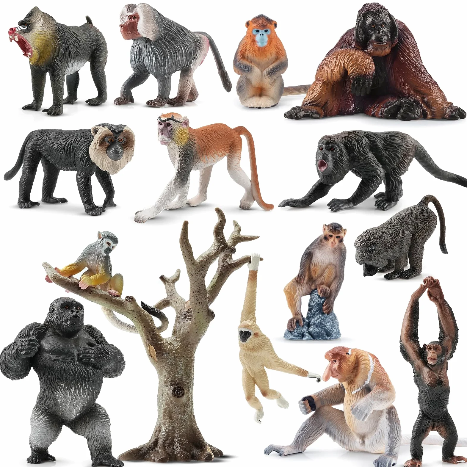 TOYMANY 15 pezzi scimmie animali e albero, set realistico di statuette di animali della giungla con gorilla, scimpanzé, giocattolo educativo, regalo di compleanno per bambini