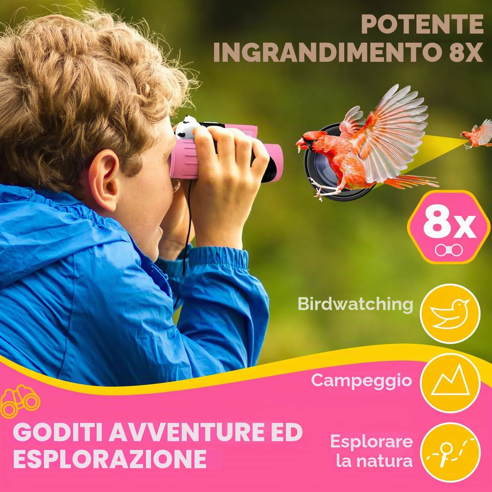 Binocolo Bambini 8x21 Ottica reale ad alta risoluzione, con lente d'ingrandimento e bussola fischietto, binocolo per bambini da 3 a 12 anni, ragazzi e ragazze, escursioni, viaggi
