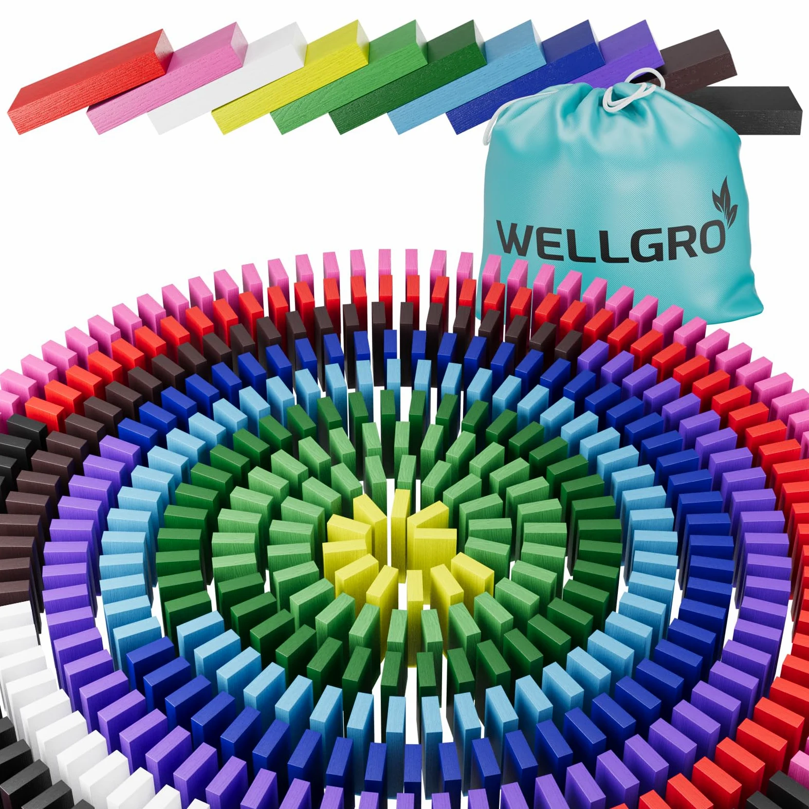 WELLGRO Domino - Mattoncini da costruzione in legno di pino ecologico, con sacchetto, blocchi di legno, colore atossico, numero di pezzi: 1200 pezzi