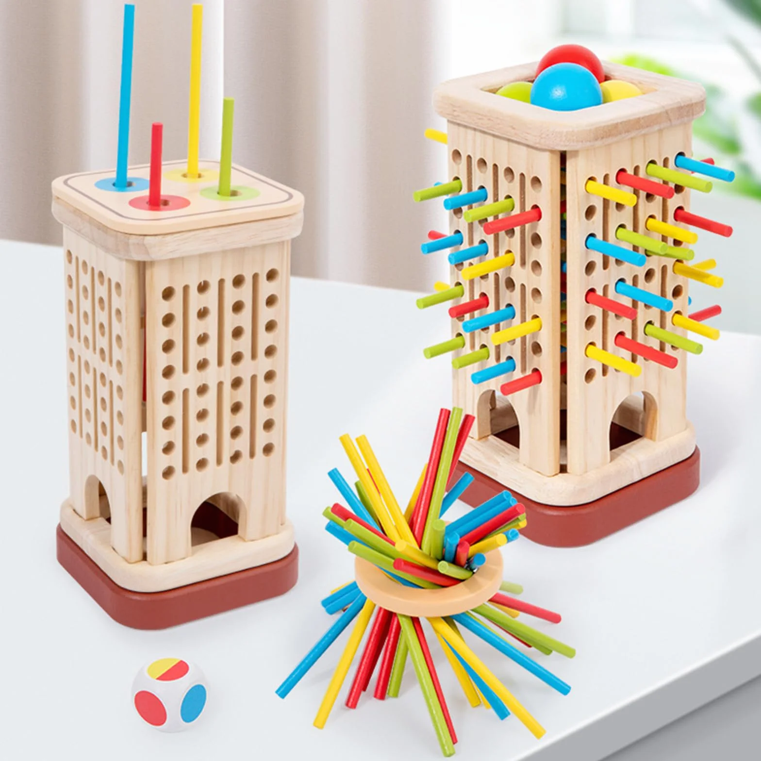 Giochi Montessori per Bambini 3-6 Anni – Gioco da Tavolo in Legno con 32 Bastoncini Colorati, Palla, Dado, Anello e Box – Gioco Educativo di Abilità Motoria, Family Game e Regalo