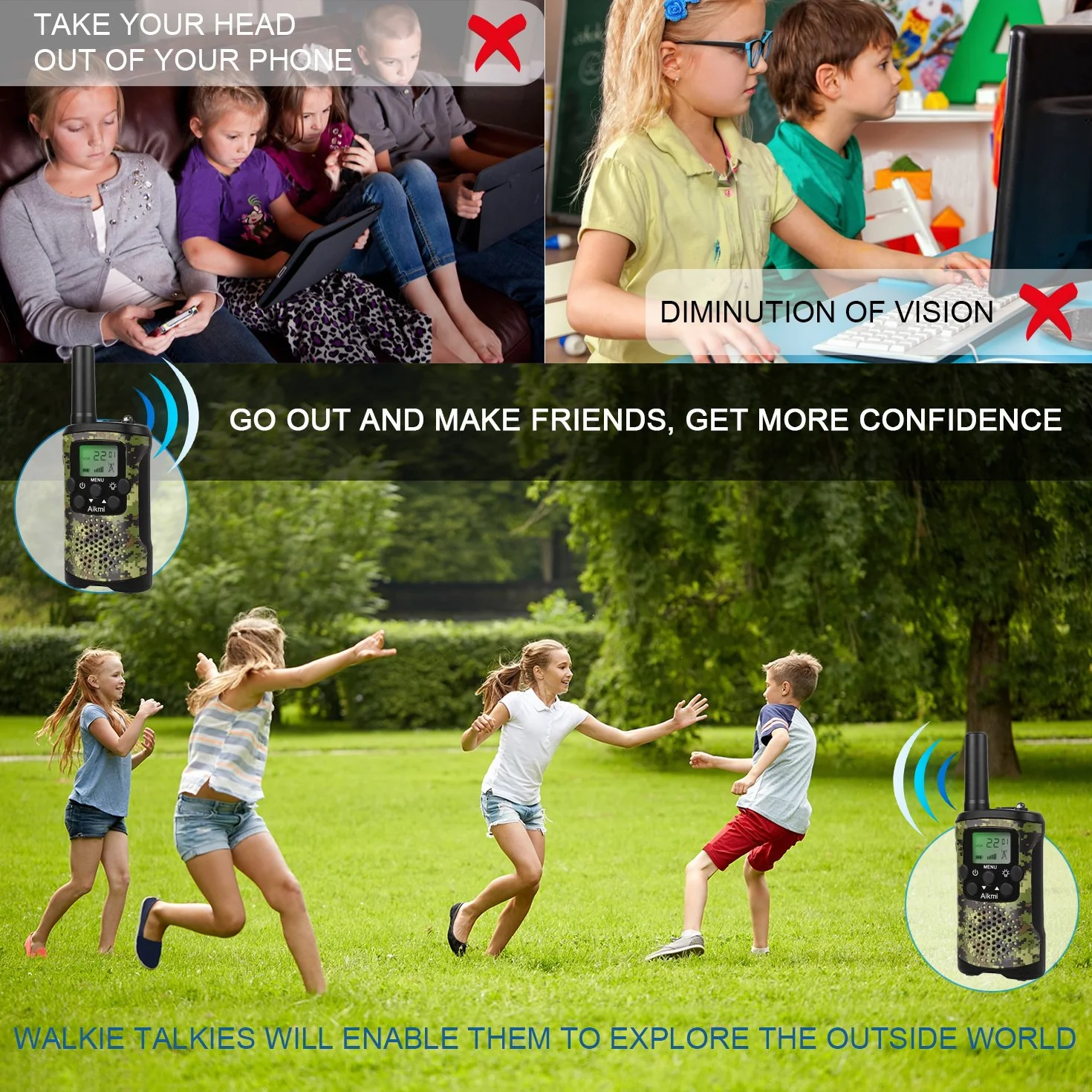 Walkie Talkie Bambini 8 Canali Radio Torcia LCD Campeggio Regalo Ragazzi 4-12 Anni Mimetico Verde