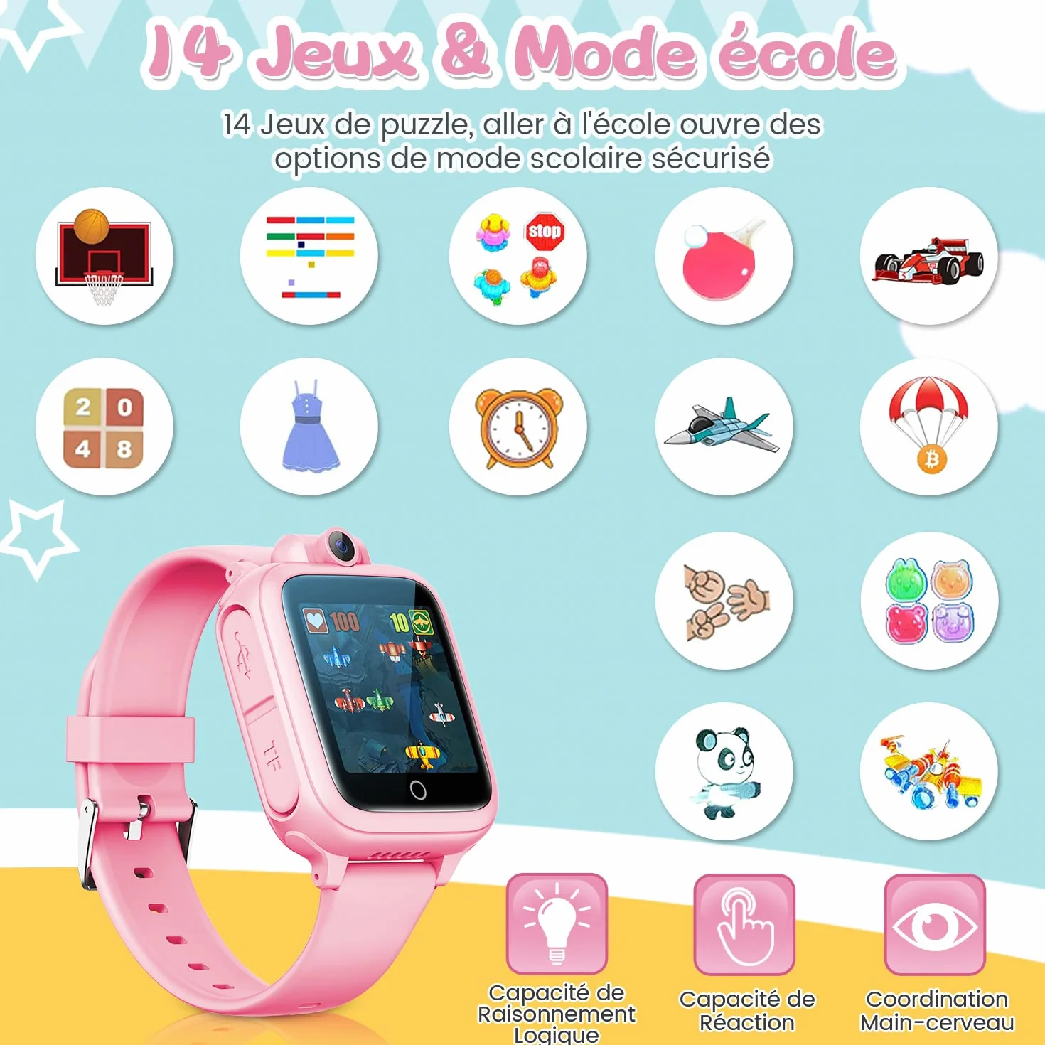 Awatty Orologio Intelligente, Giocattolo 3 4 5 6 7 8 9 10 11 12 Anni, Fotocamera Rotativa a 90°, 14 Giochi, Orologio Collegato Ragazzo, Giochi per Bambini Grandi Regalo Ragazza Ragazzo, Rosa, Enfant,