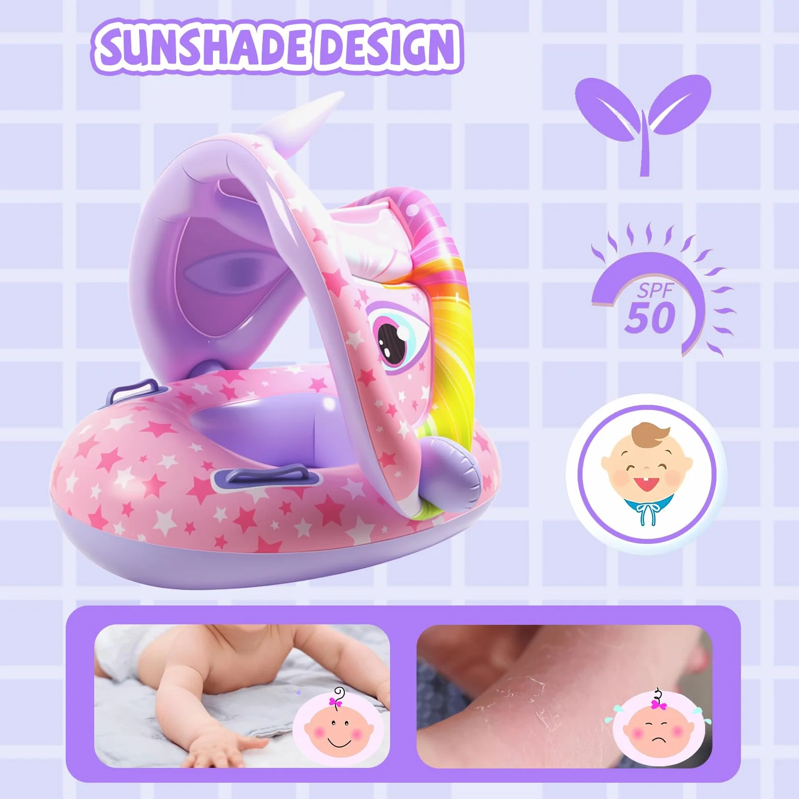 Salvagente Neonato con Parasole, Canotto Neonato con Parasole, Ciambella Mare, Gonfiabile Mare, Unicorno, Dinosauro per Piscine