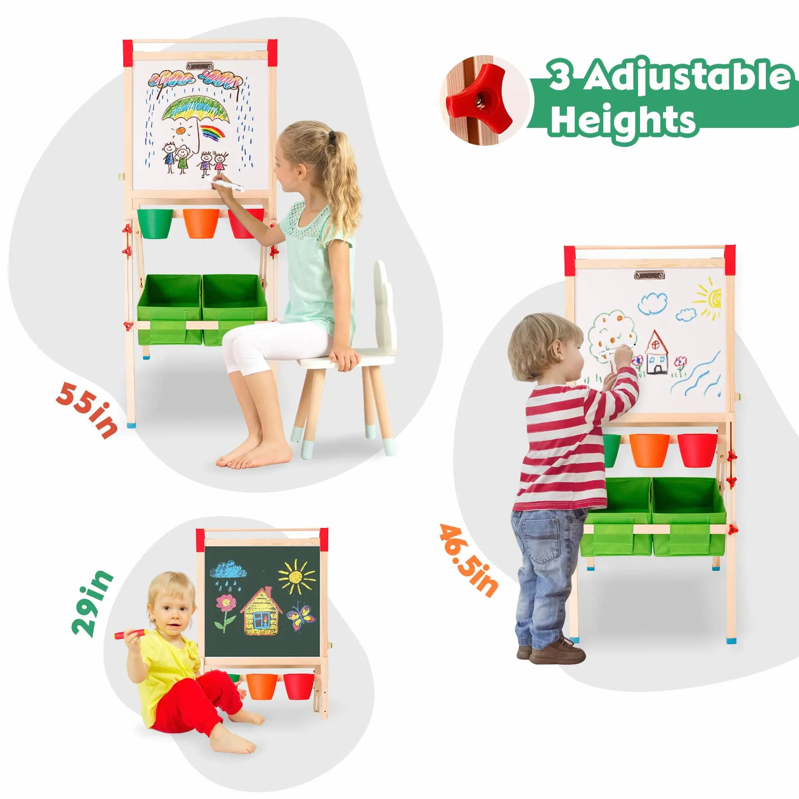Cavalletto per bambini in legno, lavagna per bambini con rotolo di carta Lavagna bianca e lavagna bifacciale Cavalletto artistico regolabile in altezza con numeri e altri accessori per bambini