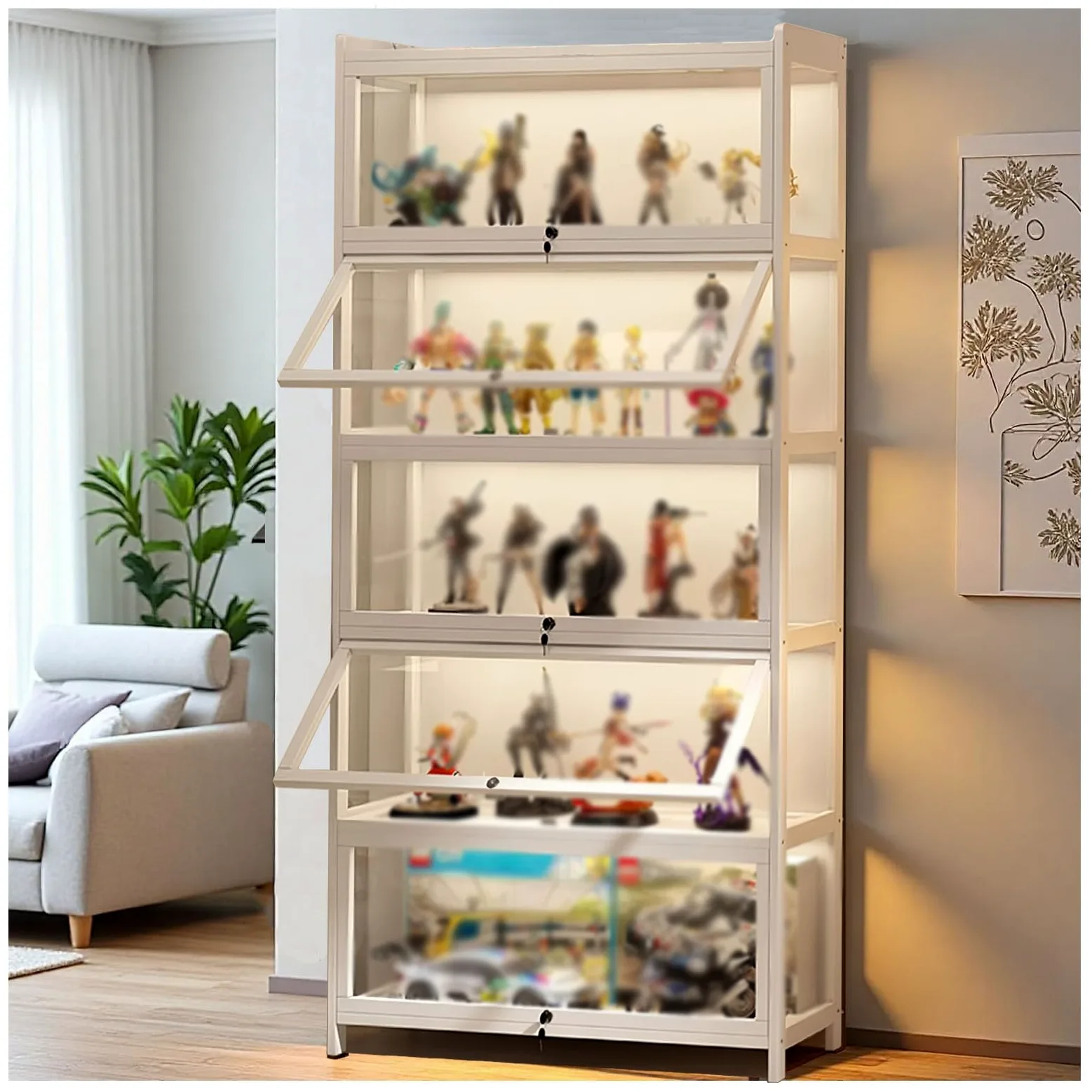 Vetrina Espositiva per Collezionismo,Vetrina per Collezione in Acrilico,Multifunzione Vetrina in Vetro con Serratura/Luce,Vetrina Trasparente per Ufficio Soggiorno(Color:White)