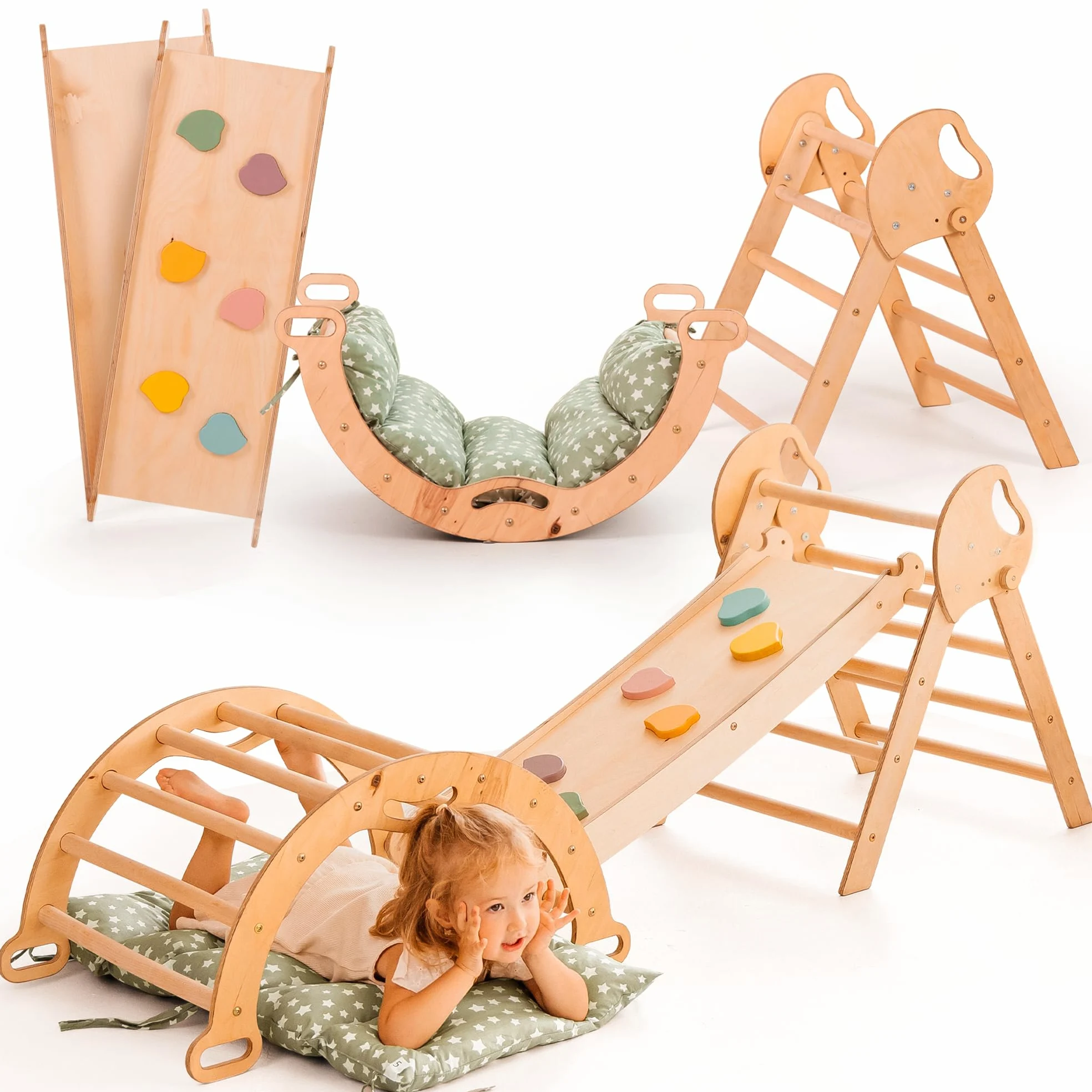 Goodevas Montessori 5 in 1 - Set da Arrampicata in Legno per Interni, con Cuscino Verde e Scivolo per Bambini, Parco Giochi da 1 a 3 Anni, Beige