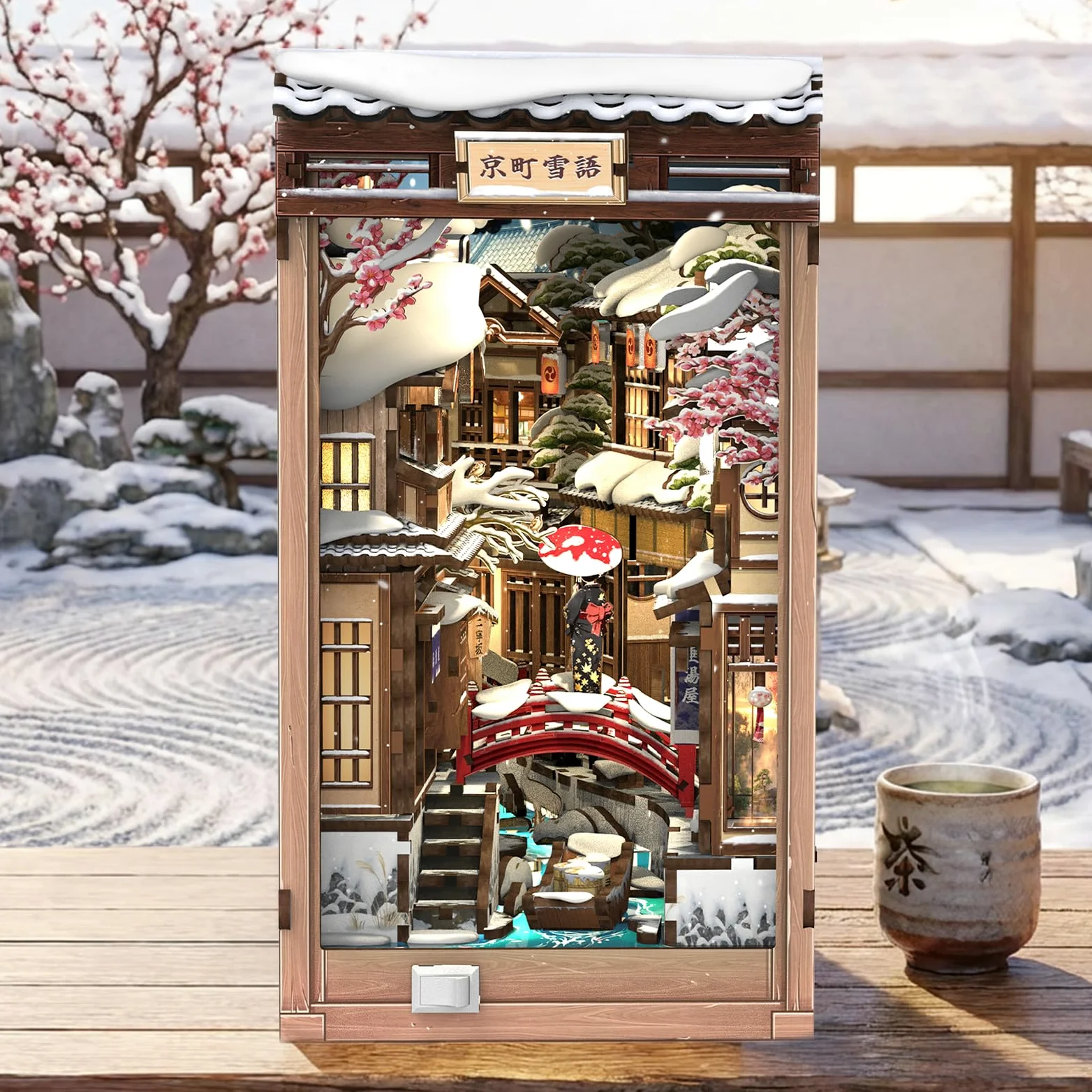 CUTEBEE Book Nook Kit - Casa delle bambole fai da te da costruire per adulti, puzzle 3D in legno con LED, scena invernale a Kyoto, decorazione per biblioteca, regali fatti a mano (Kyoto Snow Whisper)