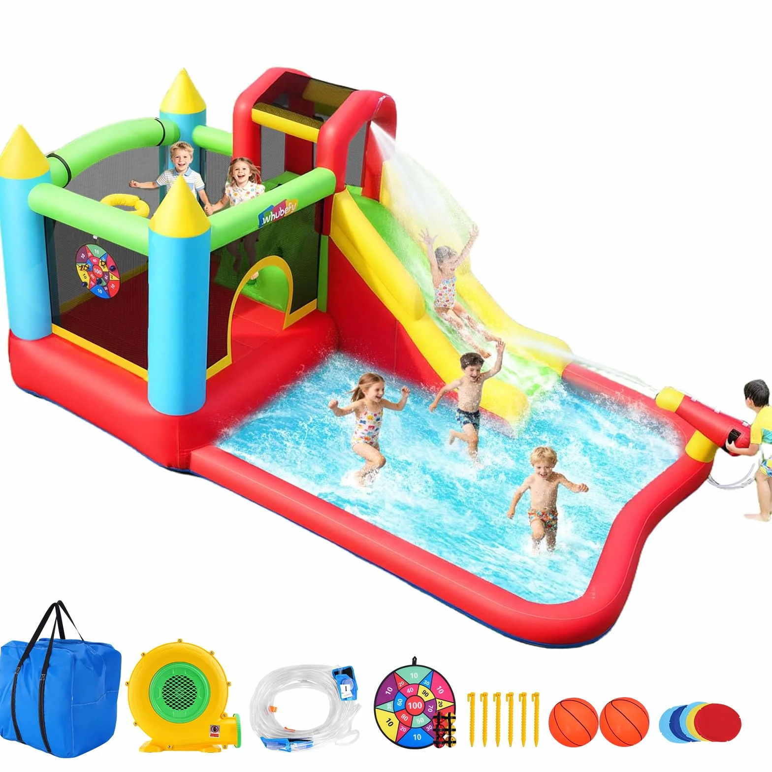 Castello gonfiabile per bambini,Con Scivolo,Castello d’Acqua Set, Trampolino, Piscina e Canestro da Basket, ottimo regalo per la festa in giardino nel parco acquatico, con ventilatore
