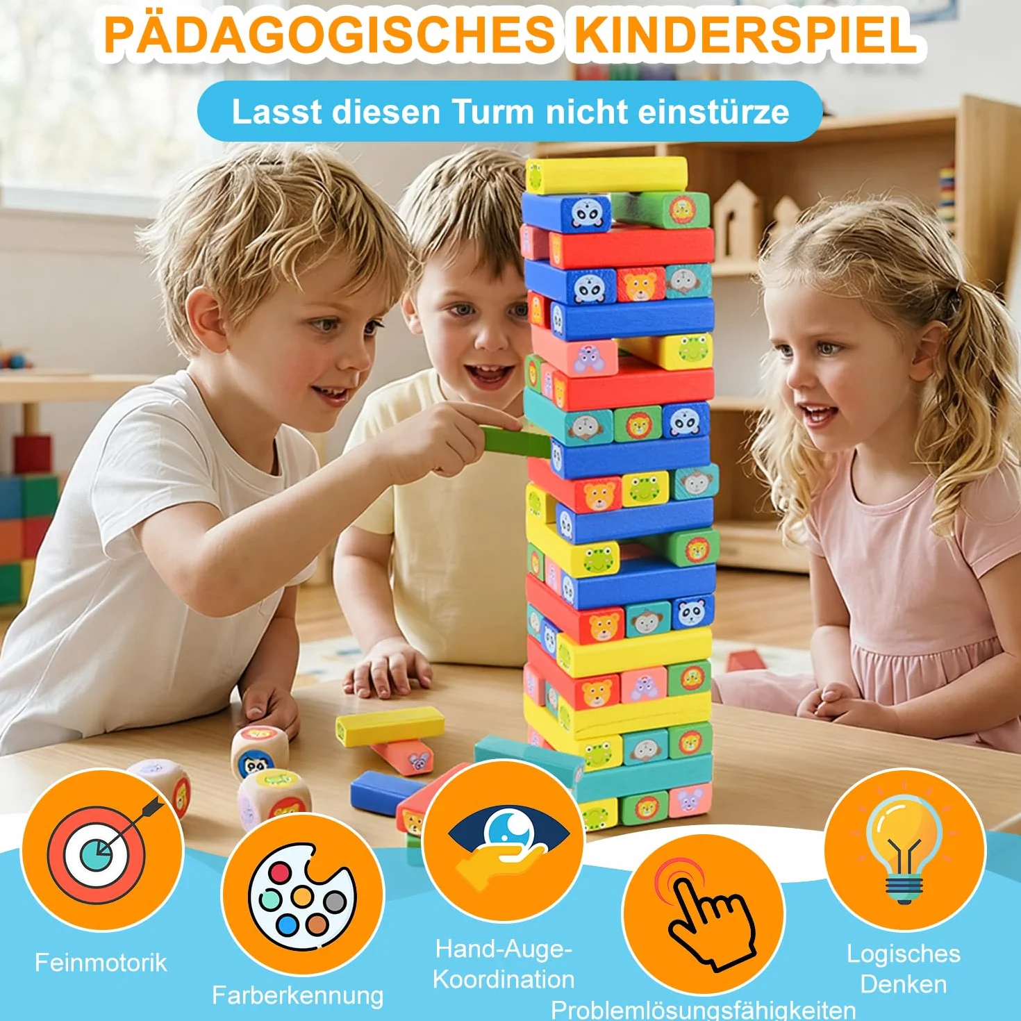 Torre Oscillante Impilabile in Legno, Gioco Educativo 4 in 1 per Bambini 3+ Anni, 75 Pezzi Blocchi Costruzioni Equilibrio, Gioco da Tavolo di Abilità, Bambini e Famiglia