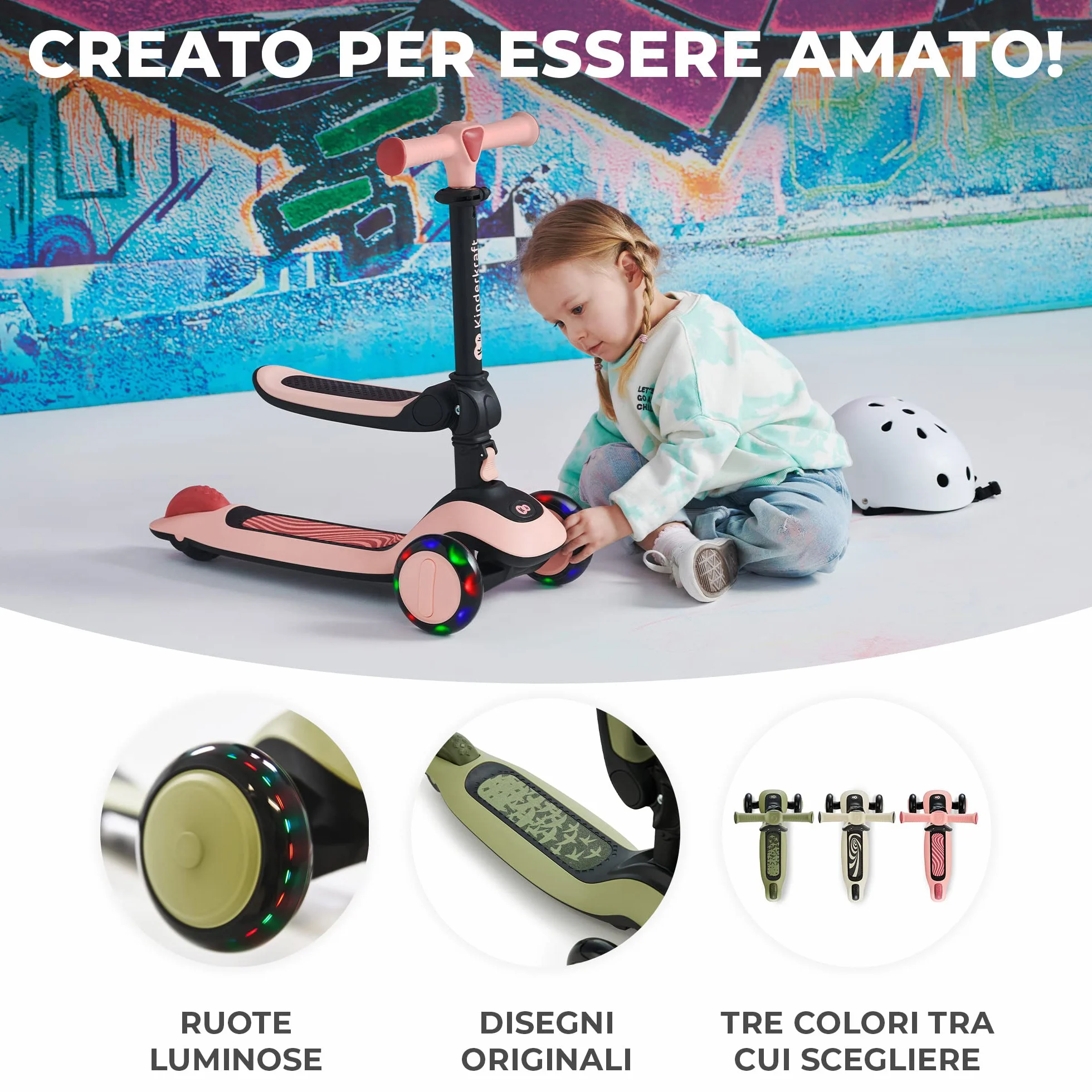 Kinderkraft HALLEY Triciclo Bambini 1 Anno 3 Ruote LED Pieghevole Manubrio Regolabile 50 kg Verde