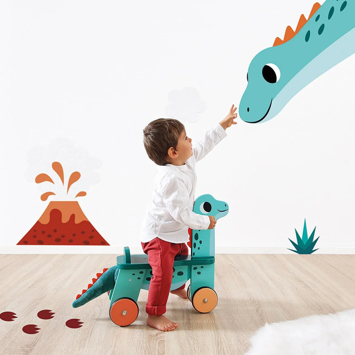 Janod Cavalcabile Dinosauro Portosauro Altezza Sedile 21 cm Coda Peluche Removibile Giocattolo Multisensoriale Legno FSC dai 12 Mesi