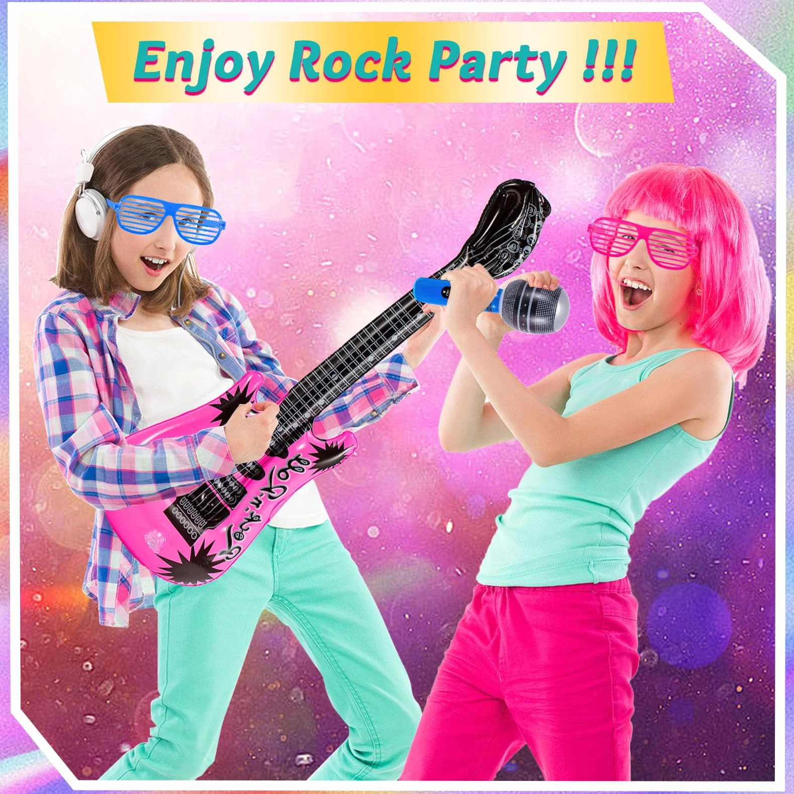 Zestaw 11 instrumentów nadmuchiwanych Rock Star, akcesoria muzyczne lata 80 90