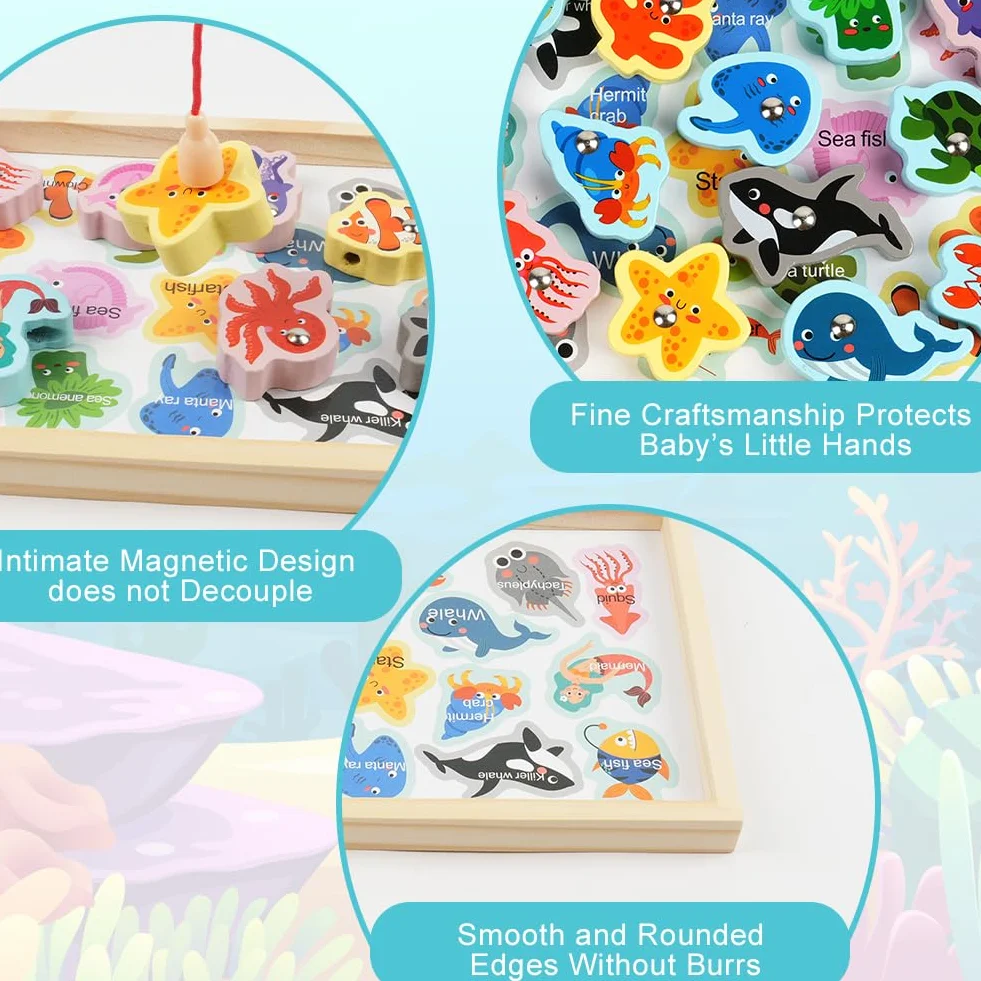Vicloon Giochi di Pesca Magnetici in Legno 3 in 1 per Bambini Montessori Educativo Regalo 3-5 Anni