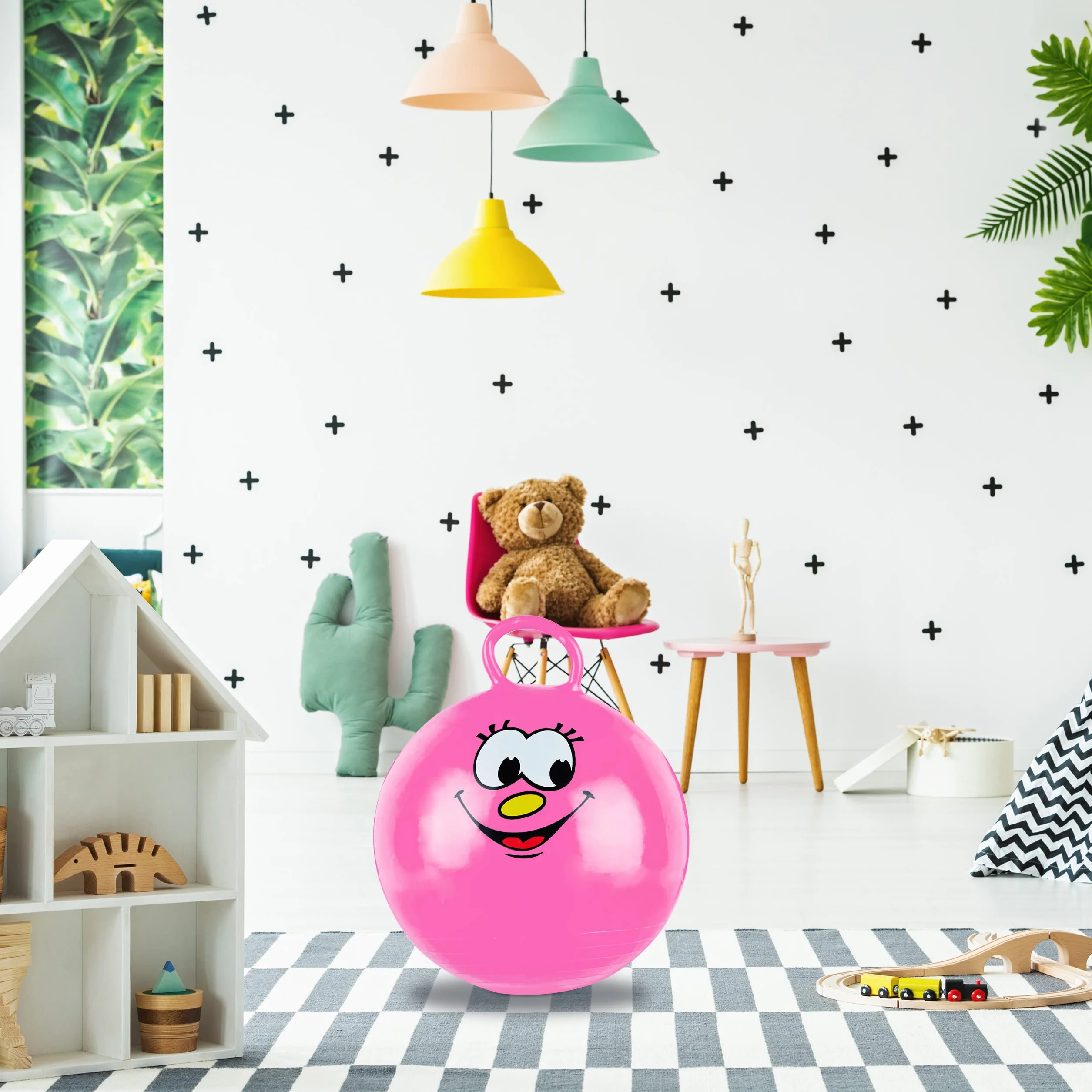 Relaxdays Pallone Rimbalzante, Palla per Saltare, Skippy Ball, Bambini, Ø 45 cm, Indoor & Outdoor, con Maniglia, Rosa