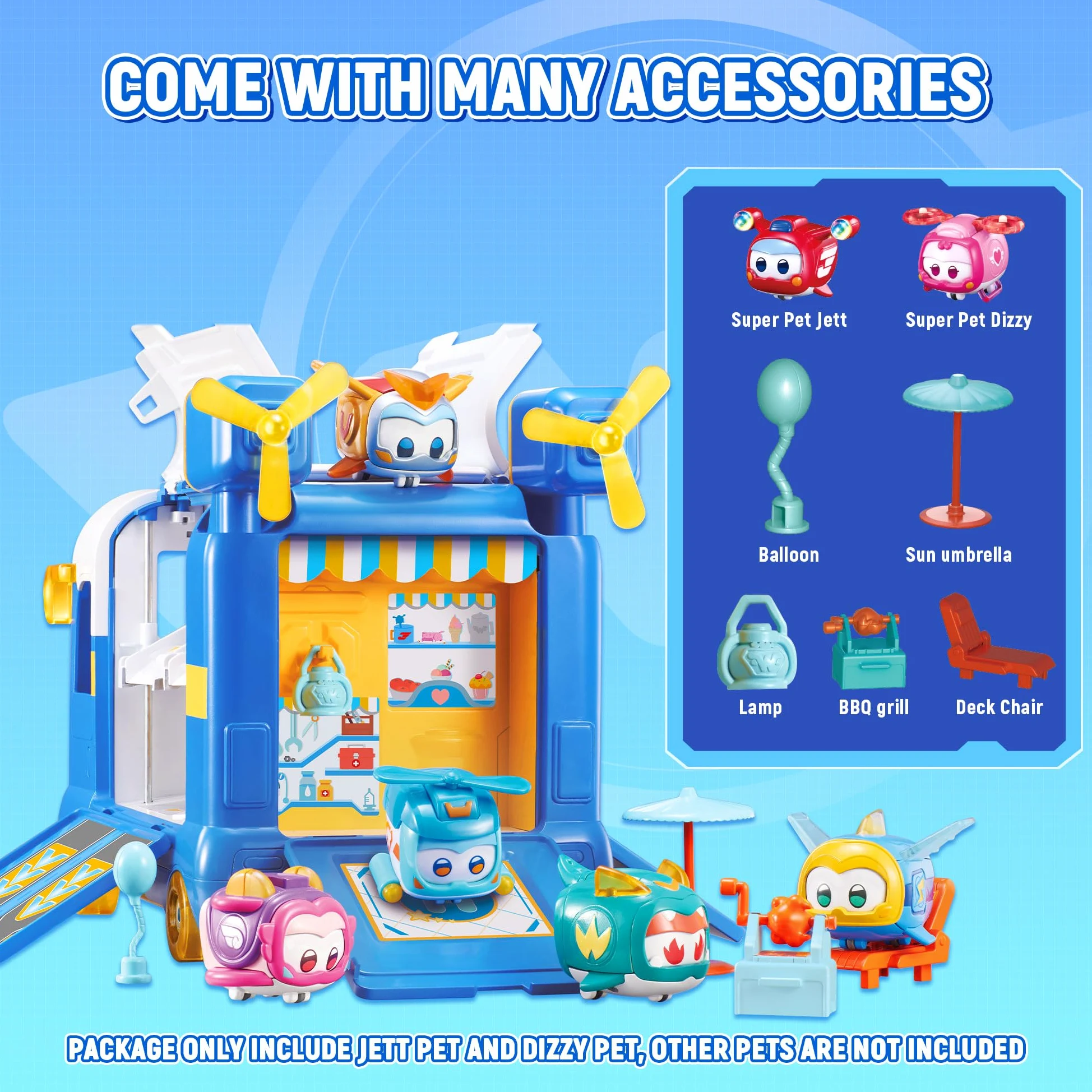 Super Wings 2-in-1 Super Pets Mini Base con Super Pet Jett & Dizzy, Aereo Giocattolo per Bambini 3 4 5 6 7 8 Anni Ragazzo Ragazza