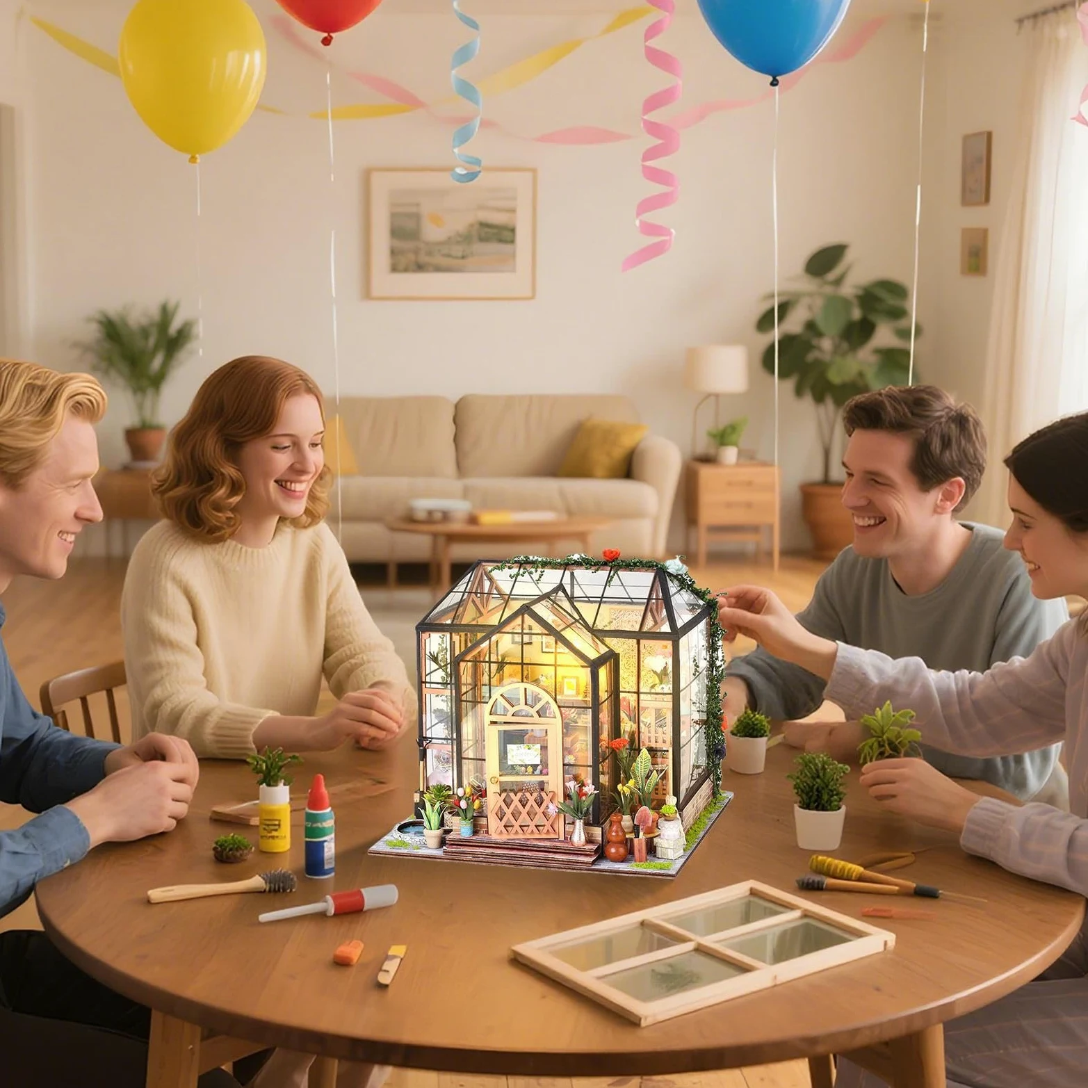 Kit Casa delle Bambole in Miniatura da Costruire Set Decorazione | Kit 3D Serra Domestica Adulti Adolescenti Scaffali Librerie e Camera da e Stanza per Natale