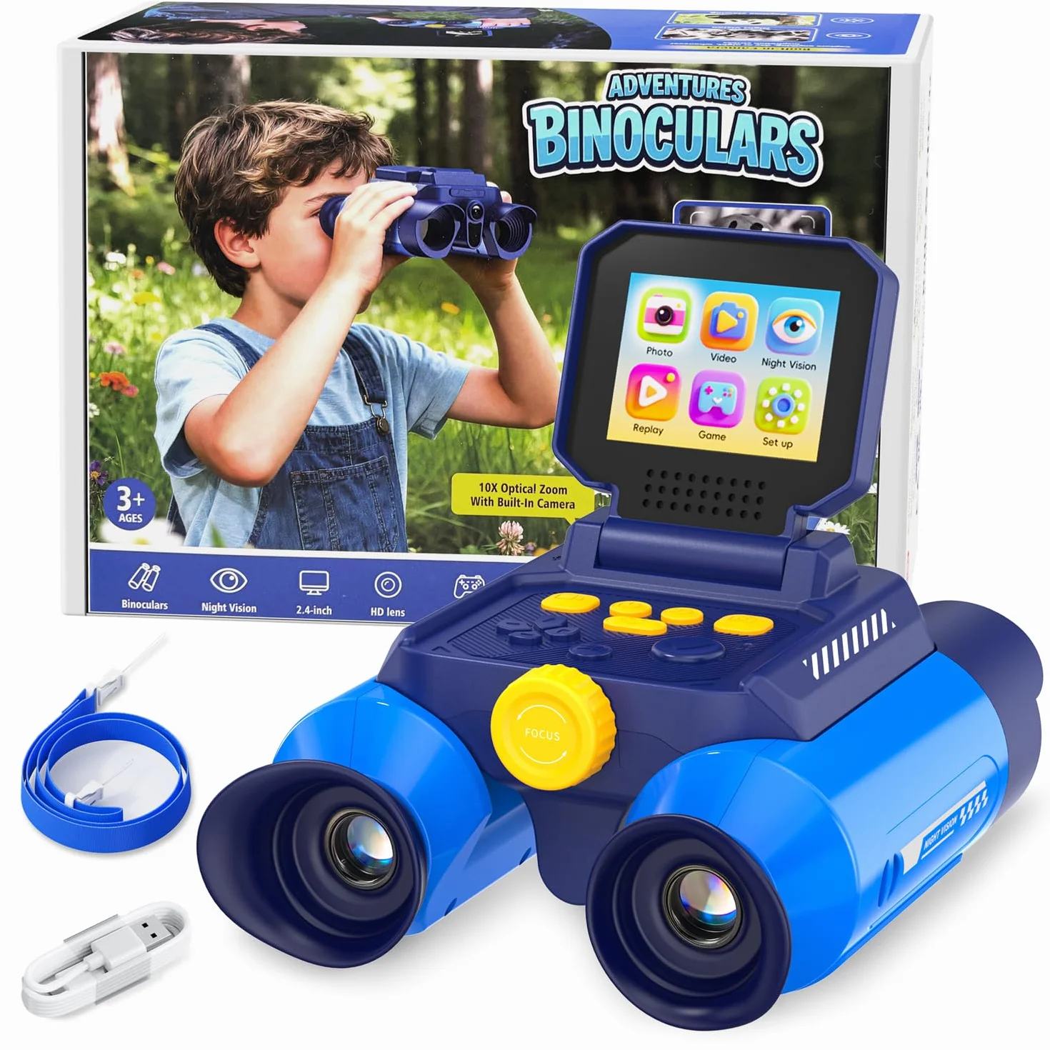 Binocolo per Bambini con Zoom Ottico 10x e Fotocamera - Foto 48 MP e Video in 1080P, Visione Notturna 25 m, Adatto dai 3 Anni in su, Ideale per Osservazione Animali e Natura | Blu Scuro