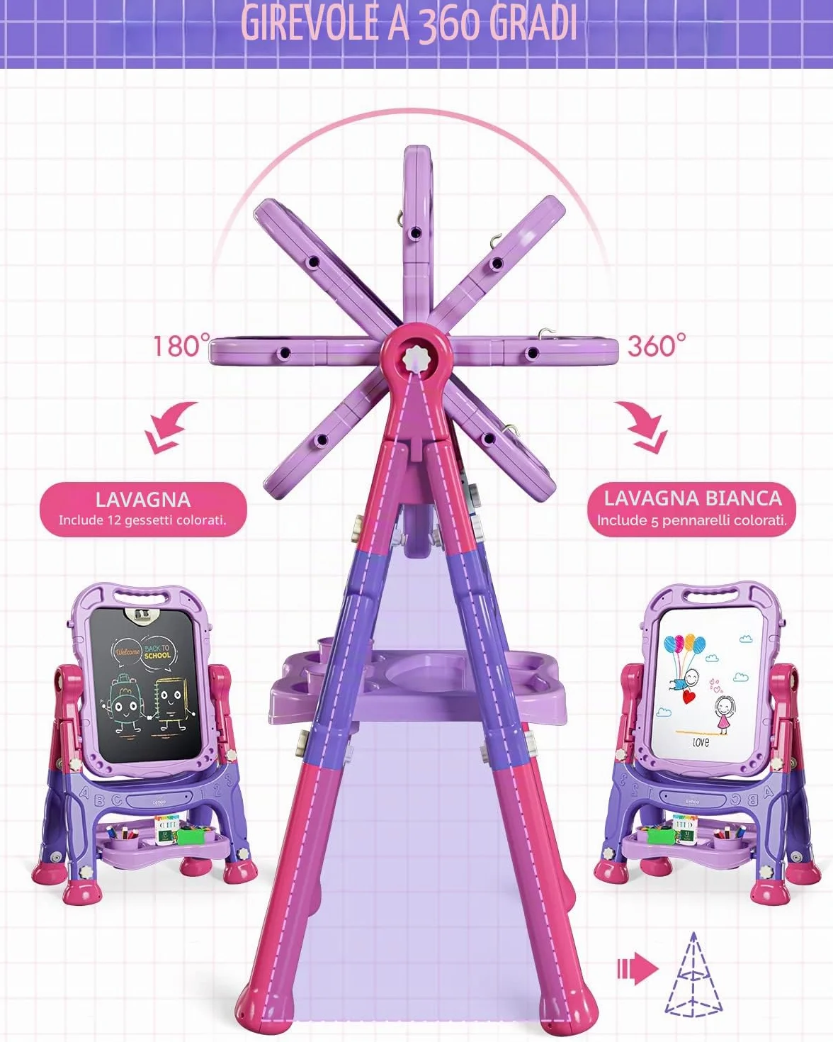 Lehoo Castle Lavagna per Bambini, 4 in 1 Lavagna Magnetica per Bambini, 360° Cavalletto Pitturai Regolabile Altezza, Giocattolo Educativo 3+ Anni(Viola)
