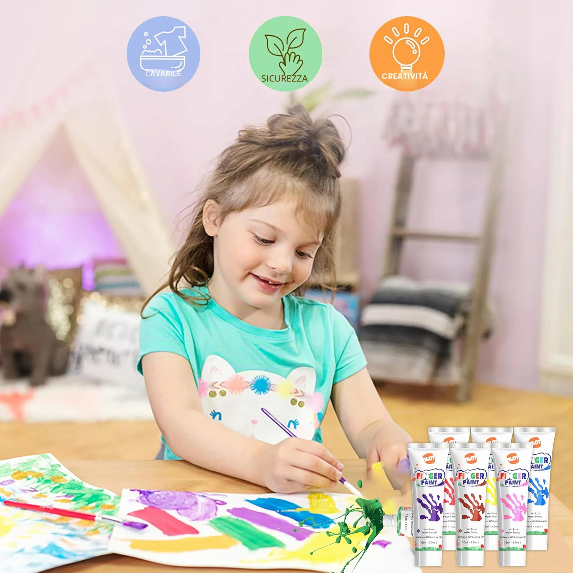 BLOT Colori a Dita per Bambini Lavabili Pitture Dita Bambini Non Tossico con Spugna Pennelli Tavolozza per Dipingere Apprendimento Precoce Disegno Regalo