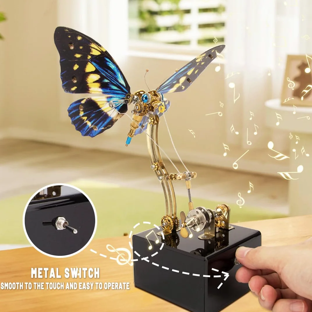 Puzzle 3D meccanico dinamico a forma di farfalla in metallo per adulti, kit di montaggio insetti 3D in metallo con carillon, regalo per adulti (versione kit/300+pz/blu)