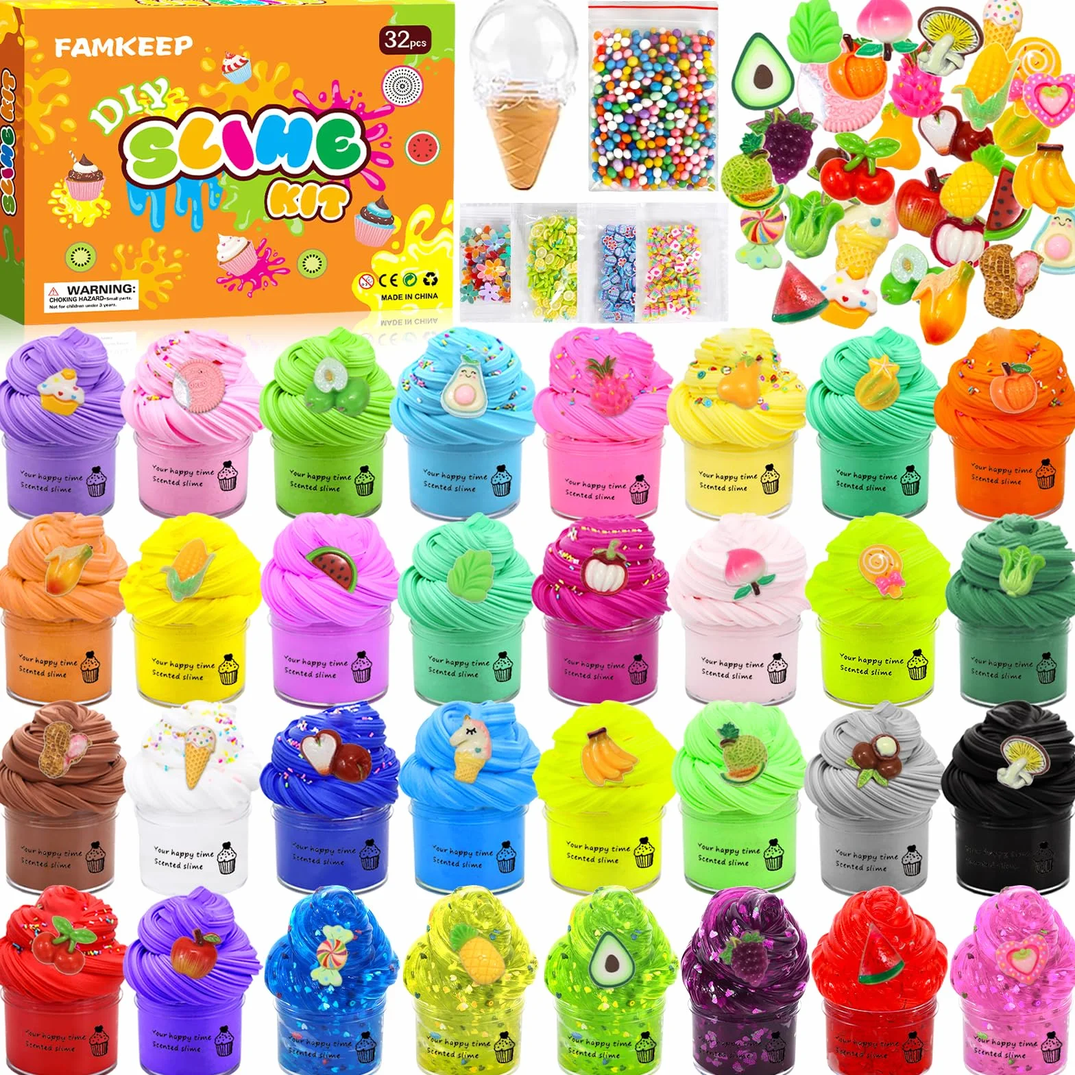 FAMKEEP Fluffy Butter Slime Set, 32 Colori, Putty Giocattoli, Crystal Slime per Bambini, DIY Slime Morbido ed Elasticizzato