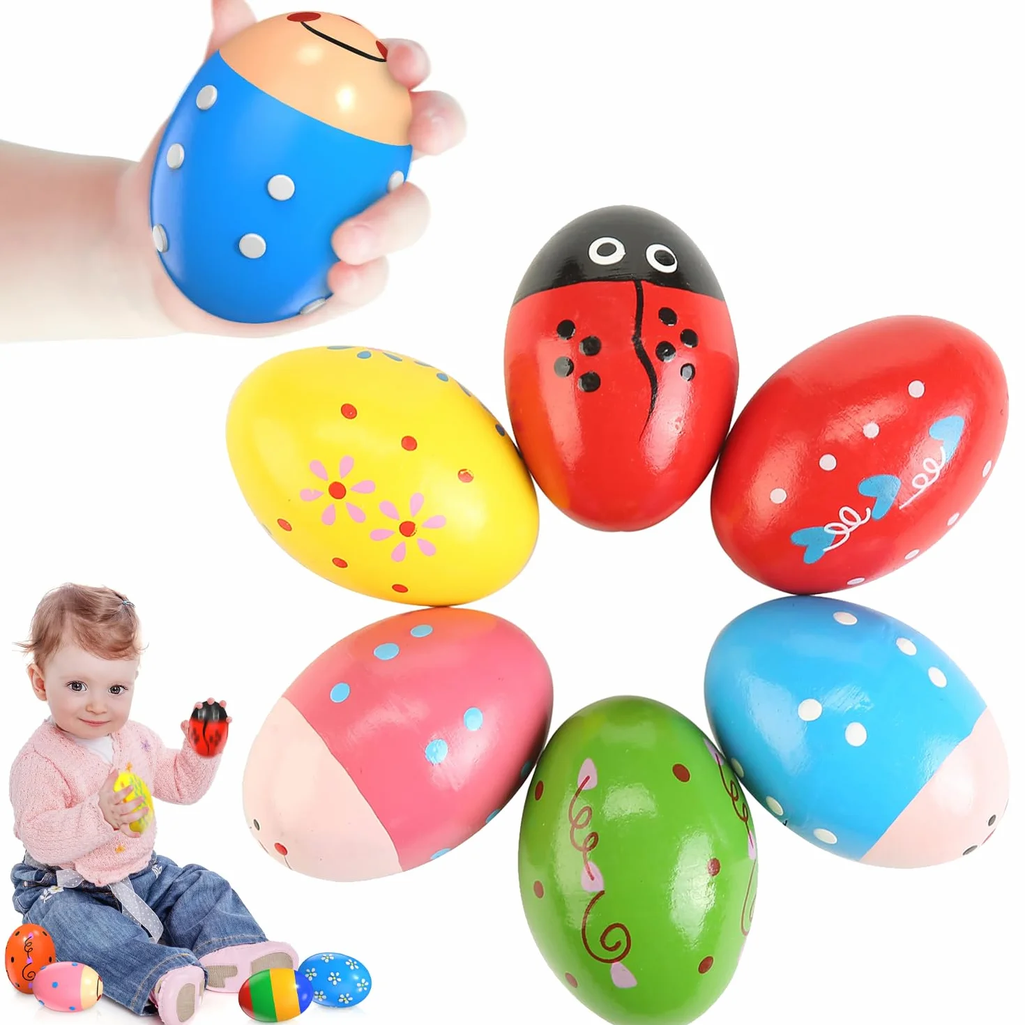 Set di 6 Pezzi di Maracas per Uova in Legno, Maracas per Uova di Pasqua, Maracas Musicali a percussione, sonagli per Uova, sonagli per Uova, Uova Musicali per Neonati e Bambini