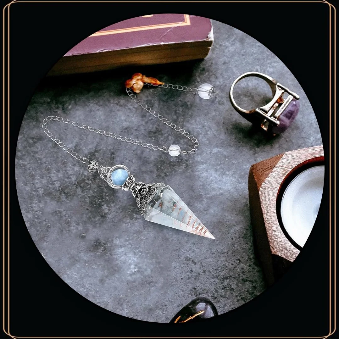 Pendolo di Radiestesia in Cristallo Esagonale con Catena in Pietra per Meditazione, Divinazione e Scrying