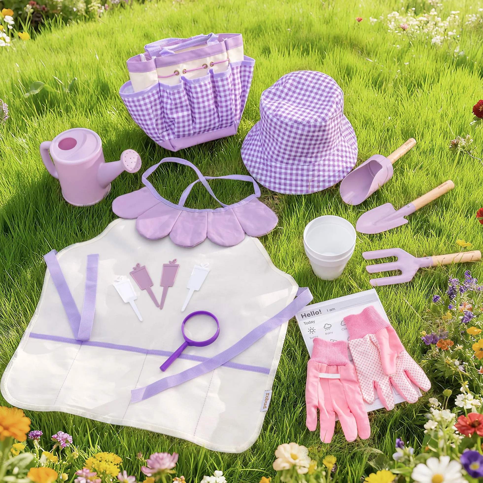 ROBUD Set da giardinaggio per bambini, 17 pezzi, con annaffiatoio per bambini, grembiule, forchetta e pala da giardino, paletta cilindrica, guanti da giardinaggio e borsa tote, giocattoli da giardino